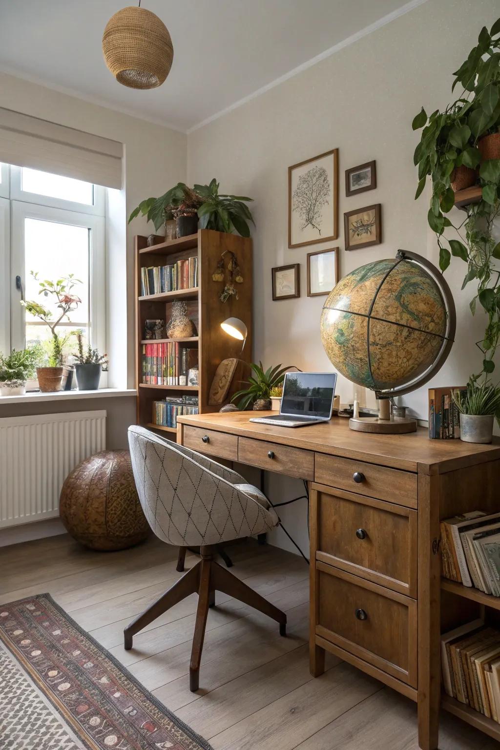 A personalized home office featuring distinctive decor items.