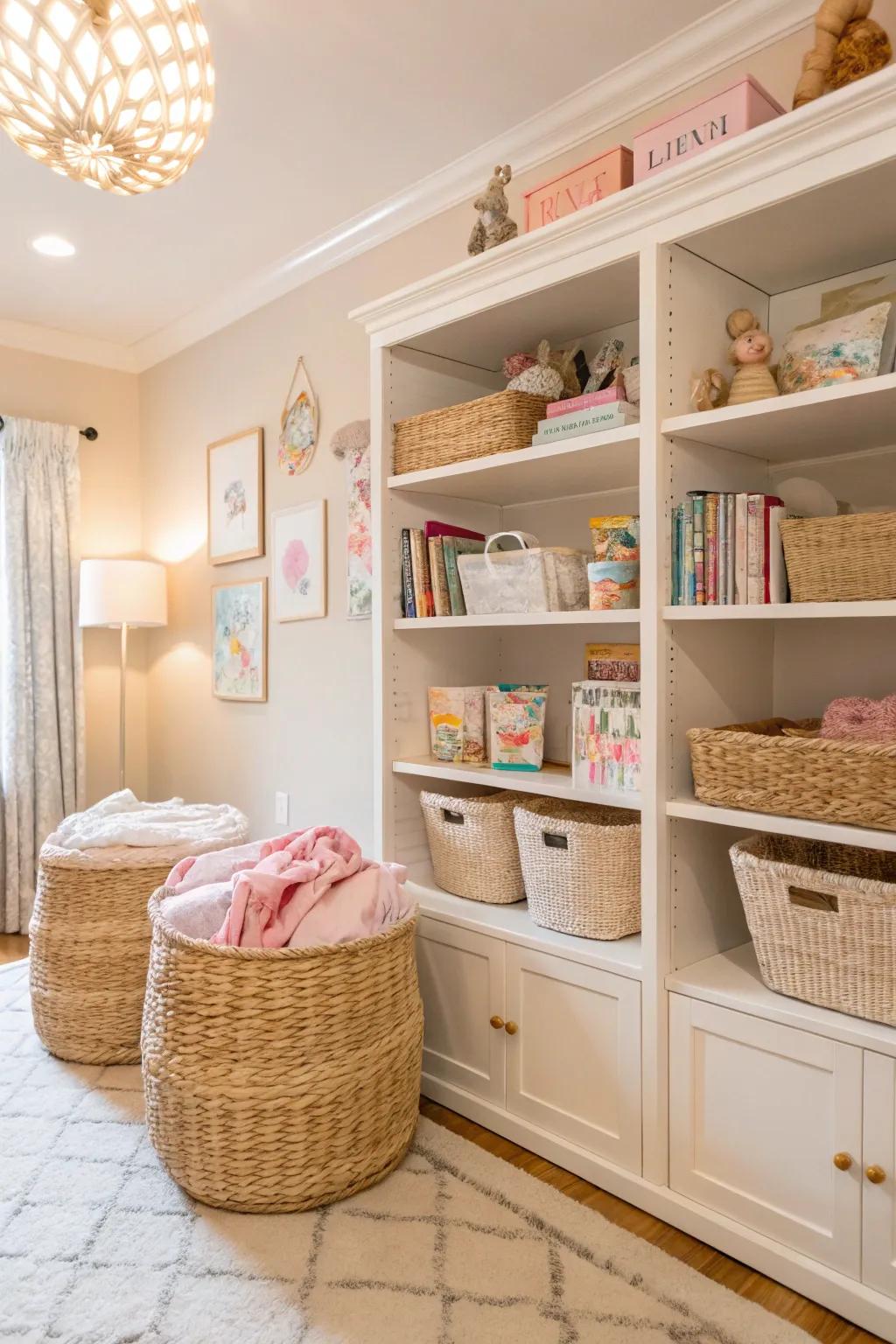 A nursery with chic storage options like woven baskets and stylish shelving.
