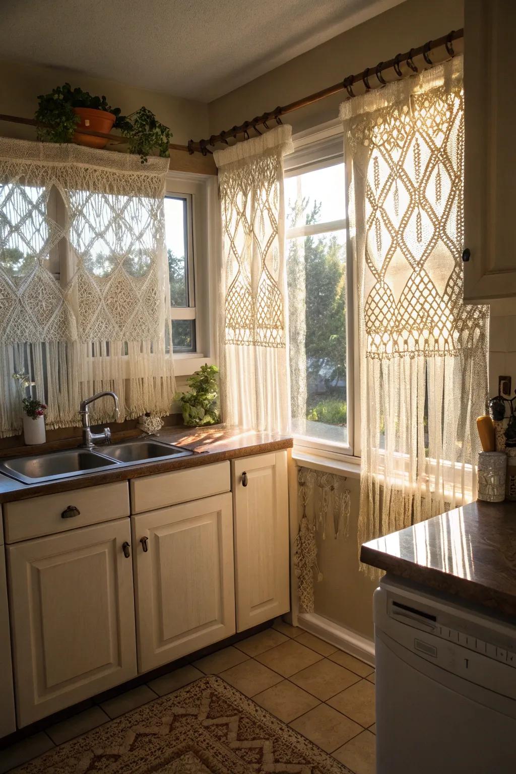 Macrame window treatments introducing artistry to a cooking area.