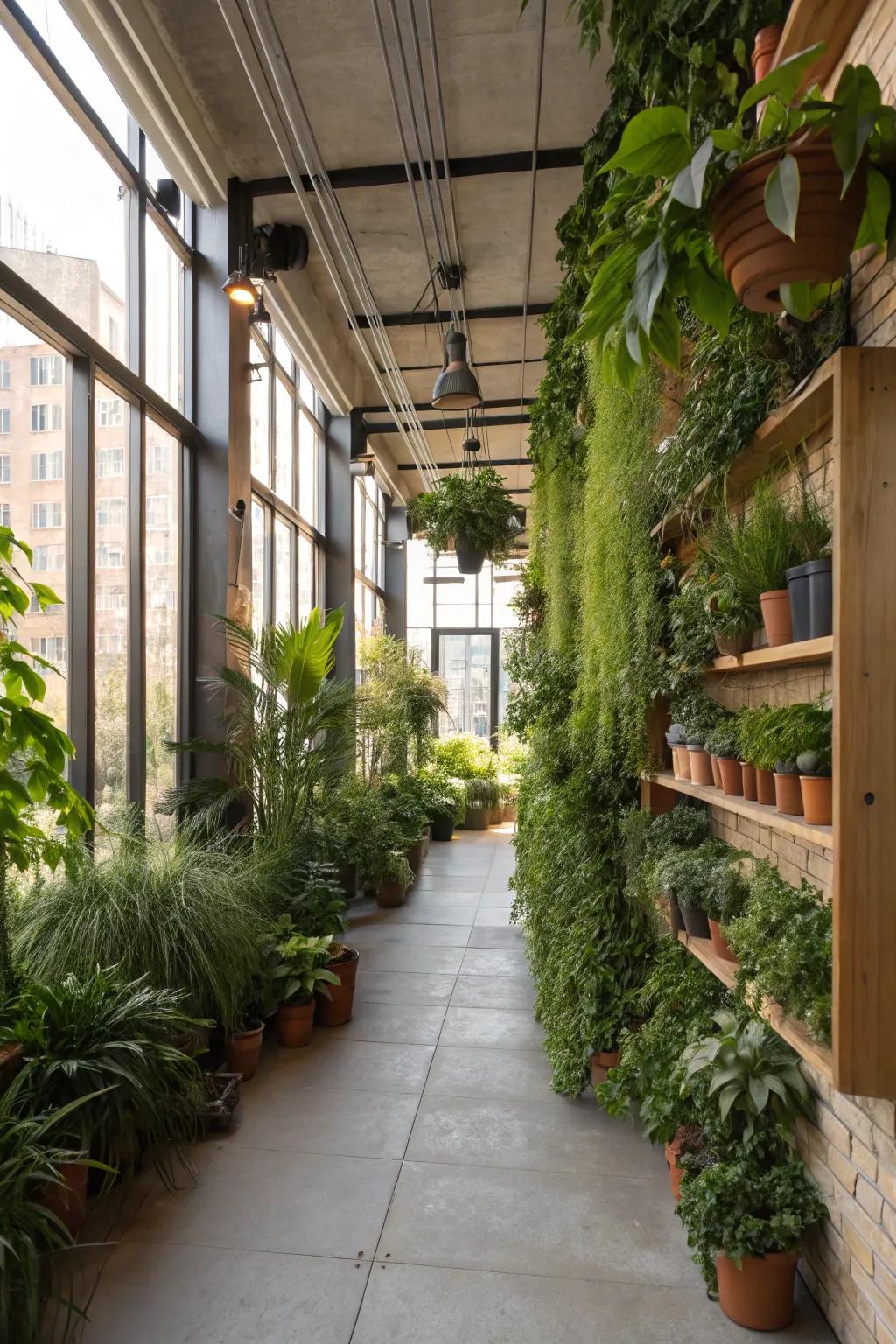Craft a tranquil hideaway nested inside a voluminous botanical loft encompassing verdant surroundings.
