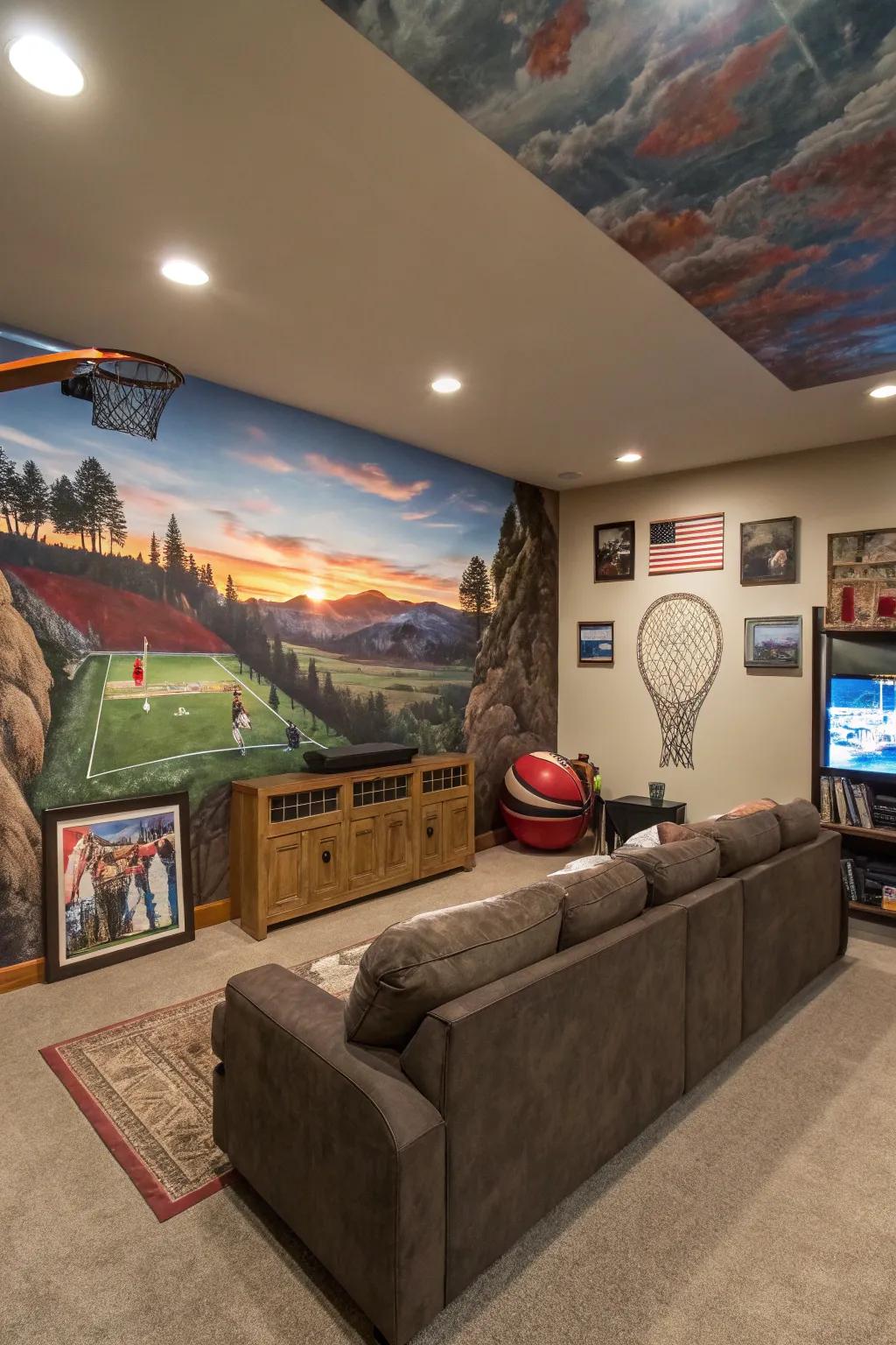 Creative wall murals making a bold statement in a man cave.