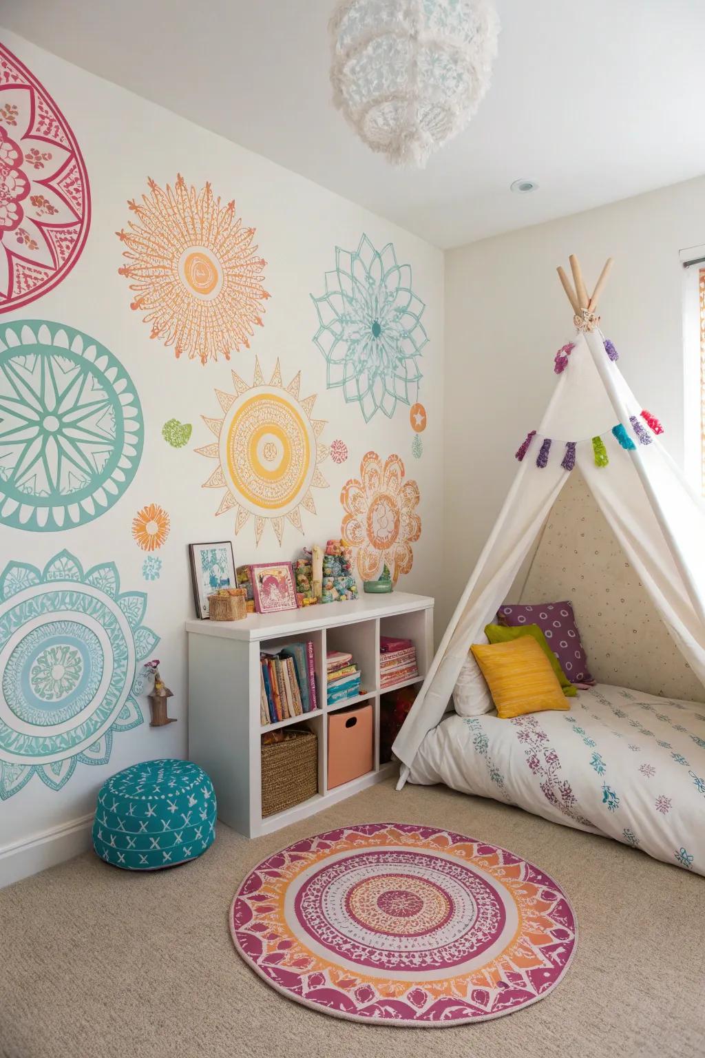 Removable sacred geometry stickers adding playfulness to a kids' room.