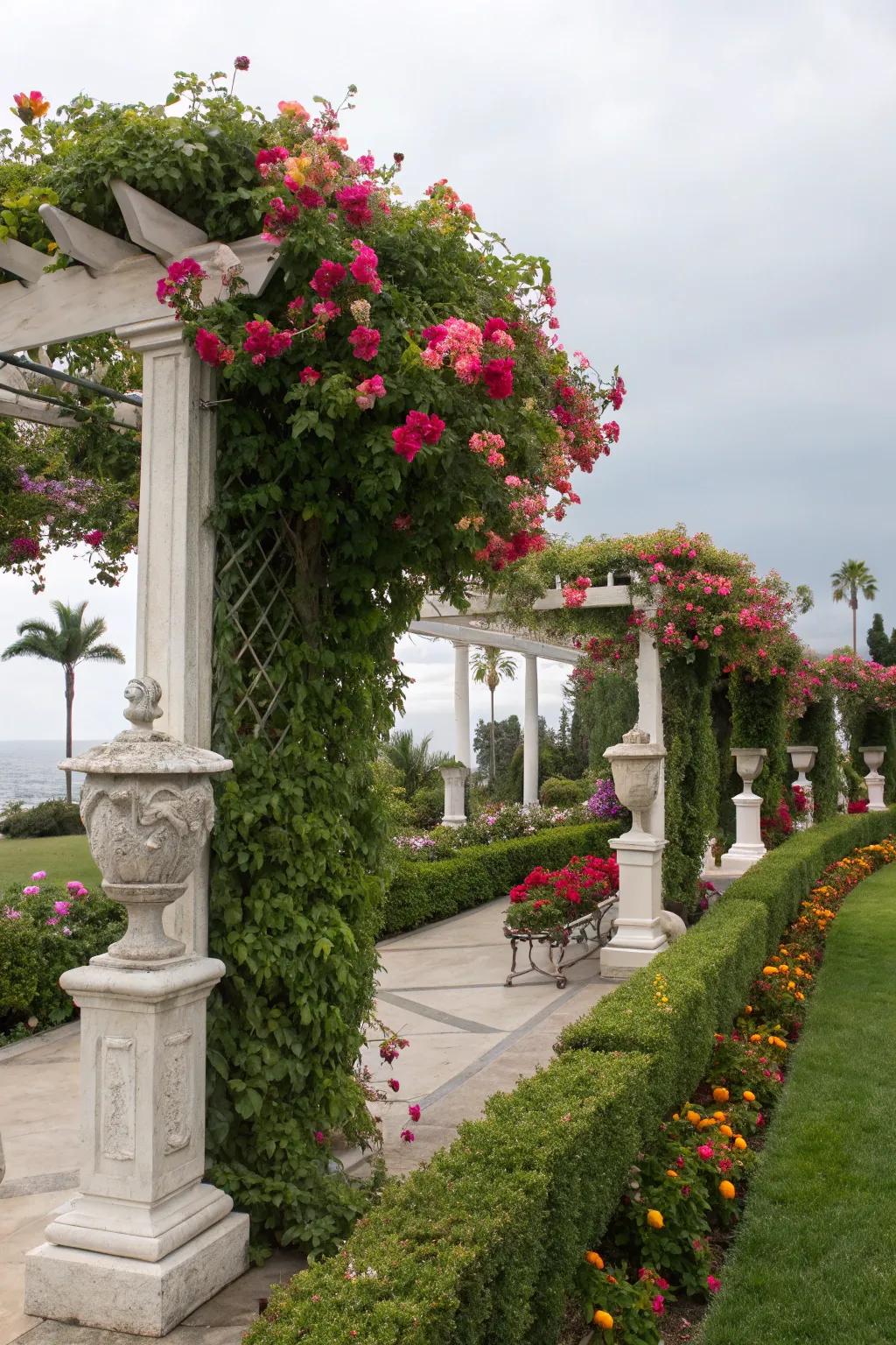 Decorative accents enrich the beauty of a trellis displaying flourishing mandevilla.