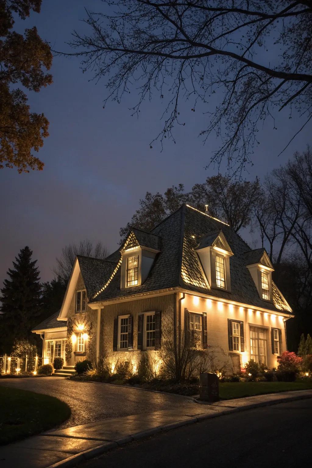 Integrated lighting enhances the drama of this mansard roof at night.