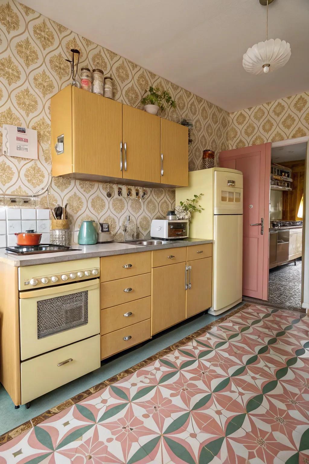 A past era-style cooking space with maple cabinets, reviving nostalgic charm.
