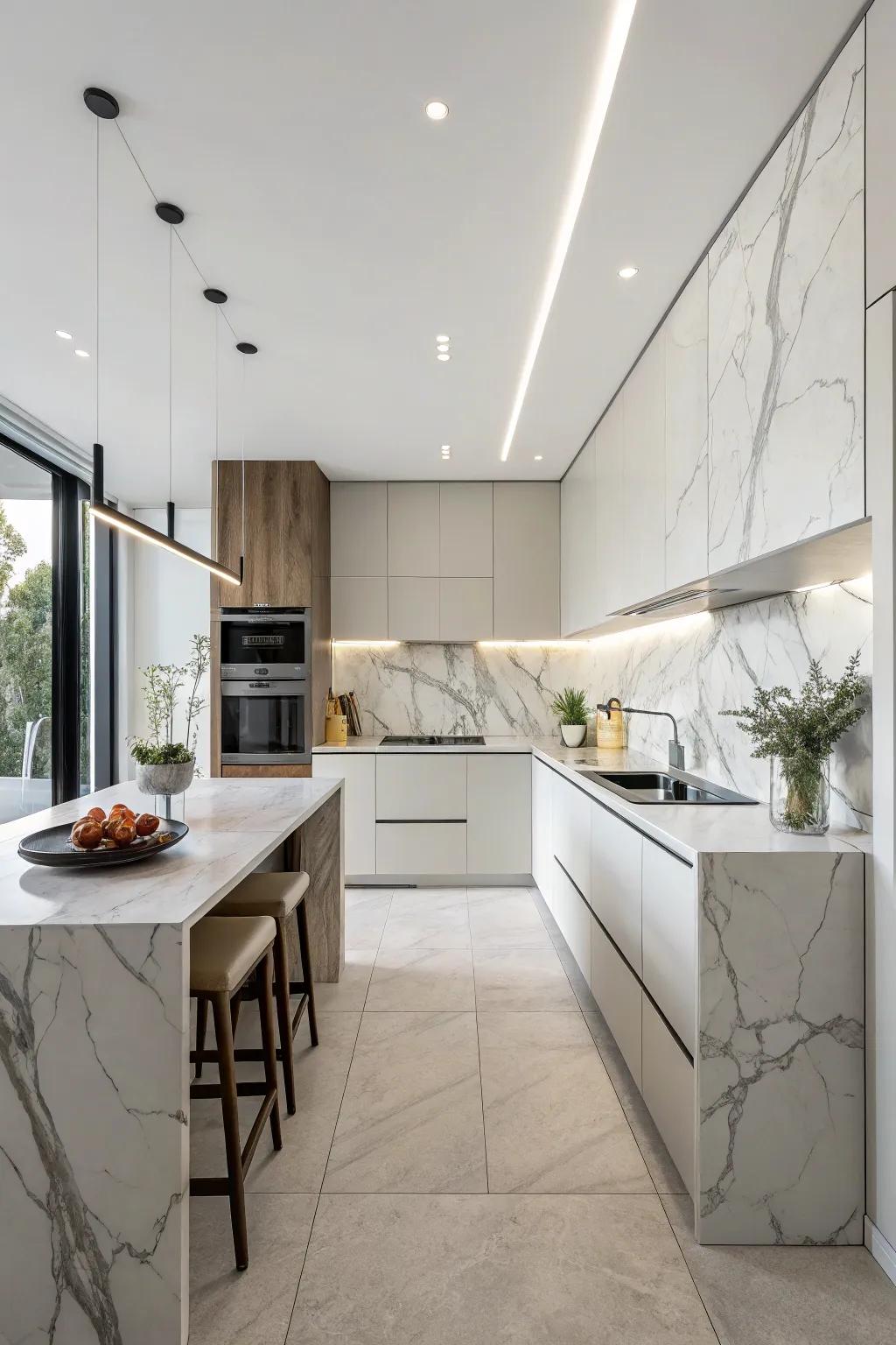 A sleek kitchen featuring a matte finish marble backsplash.