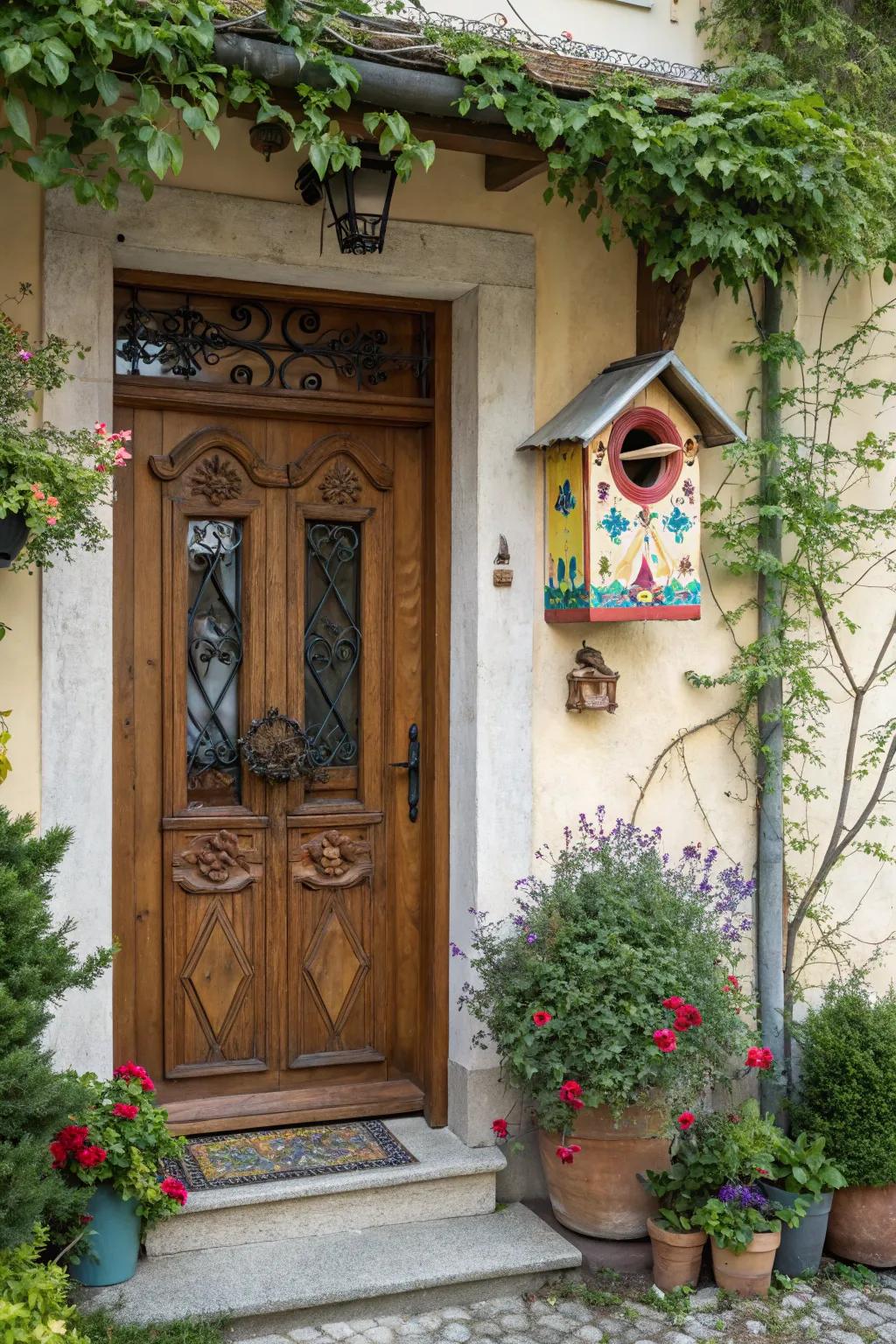 An avian abode display welcomes nature to your entryway.