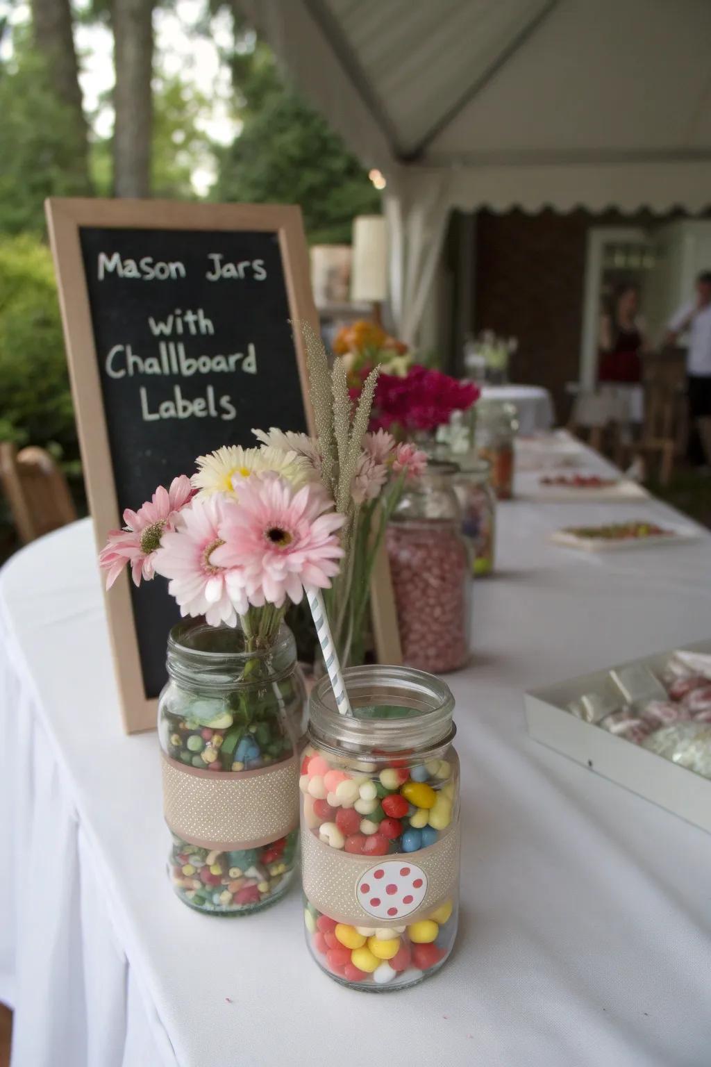 Customizable mason jars with charming chalkboard labels.