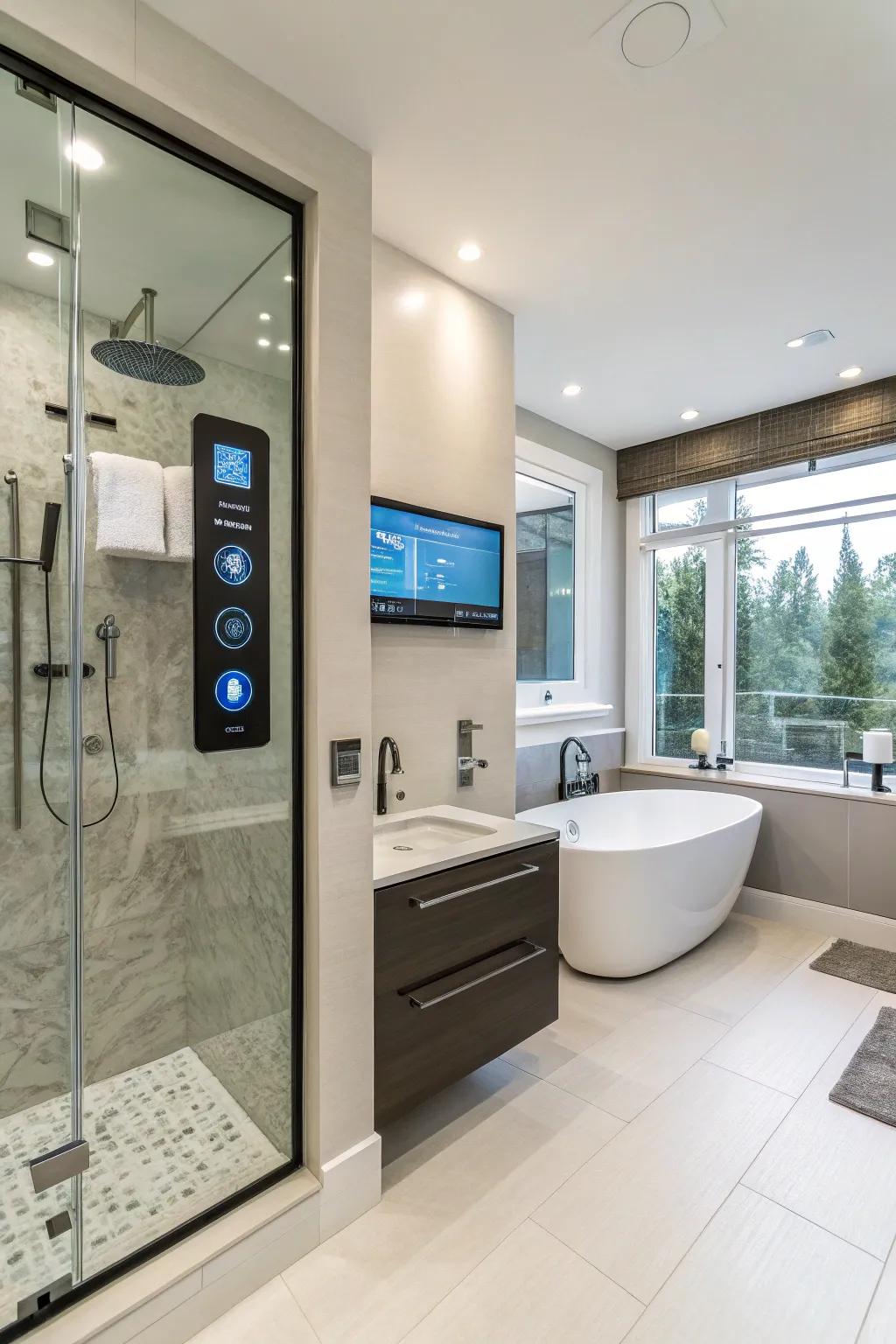 Smart technology adds a modern and convenient touch to this master bathroom.