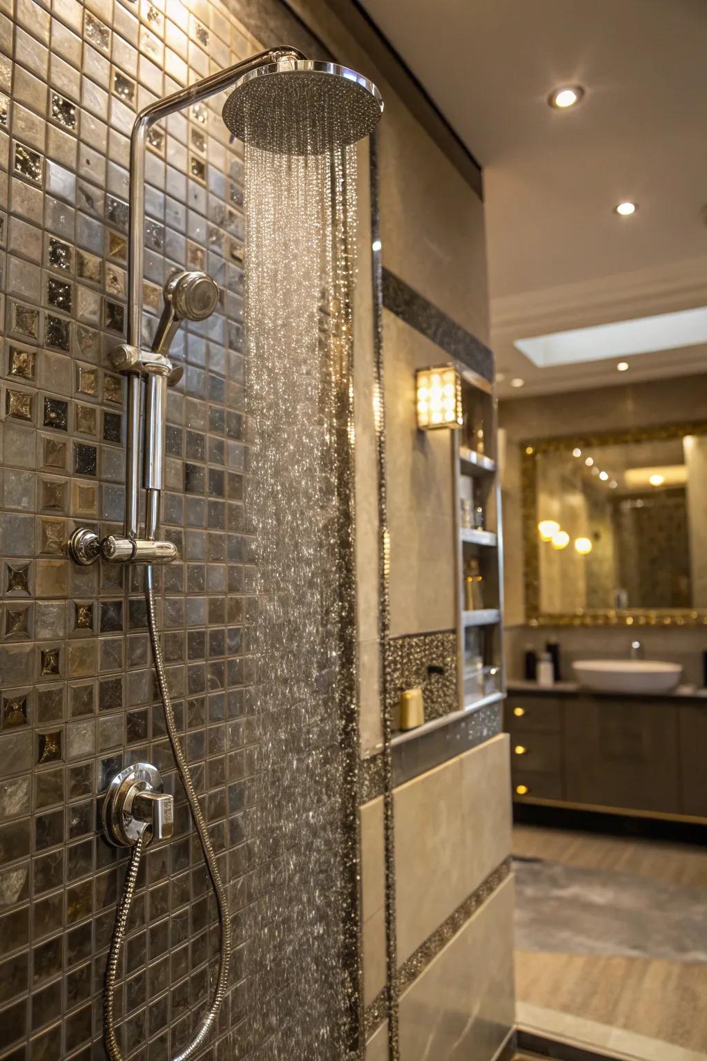 A shower styled with steel embellishment pavers, heightening elegance and glamour.