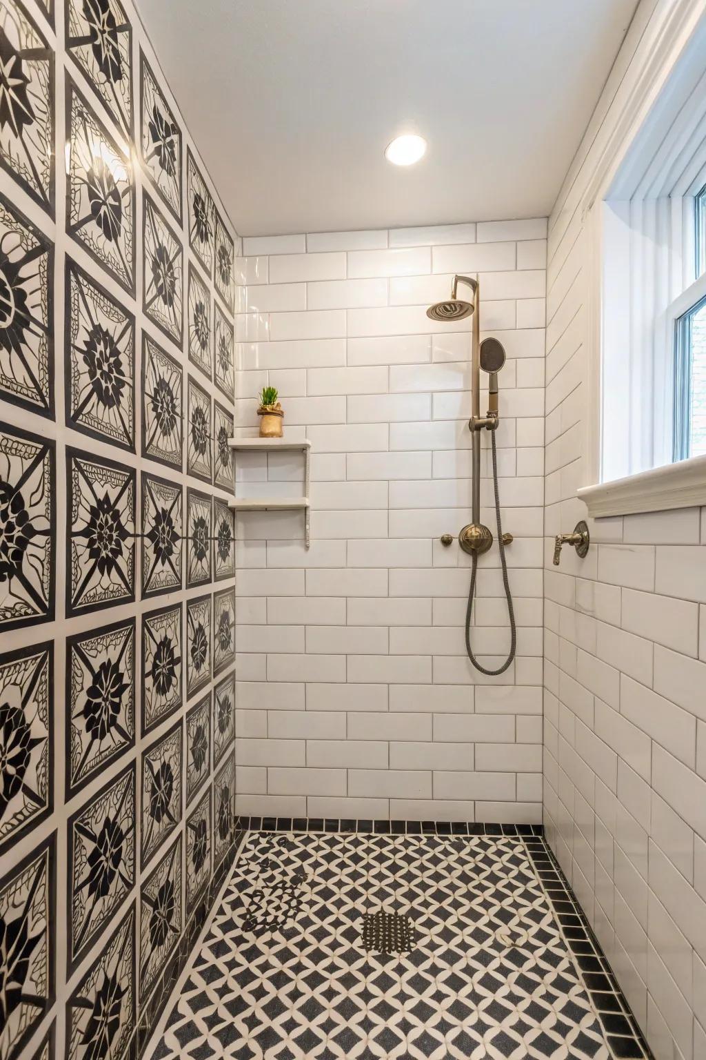 A walk-in shower with creative patterned tilework.