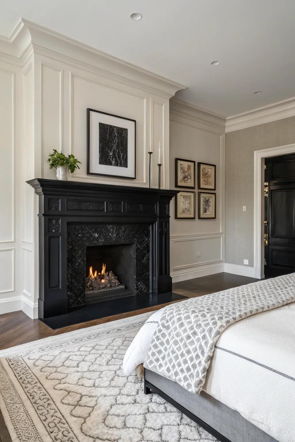 A black fireplace adds bold drama to any bedroom.