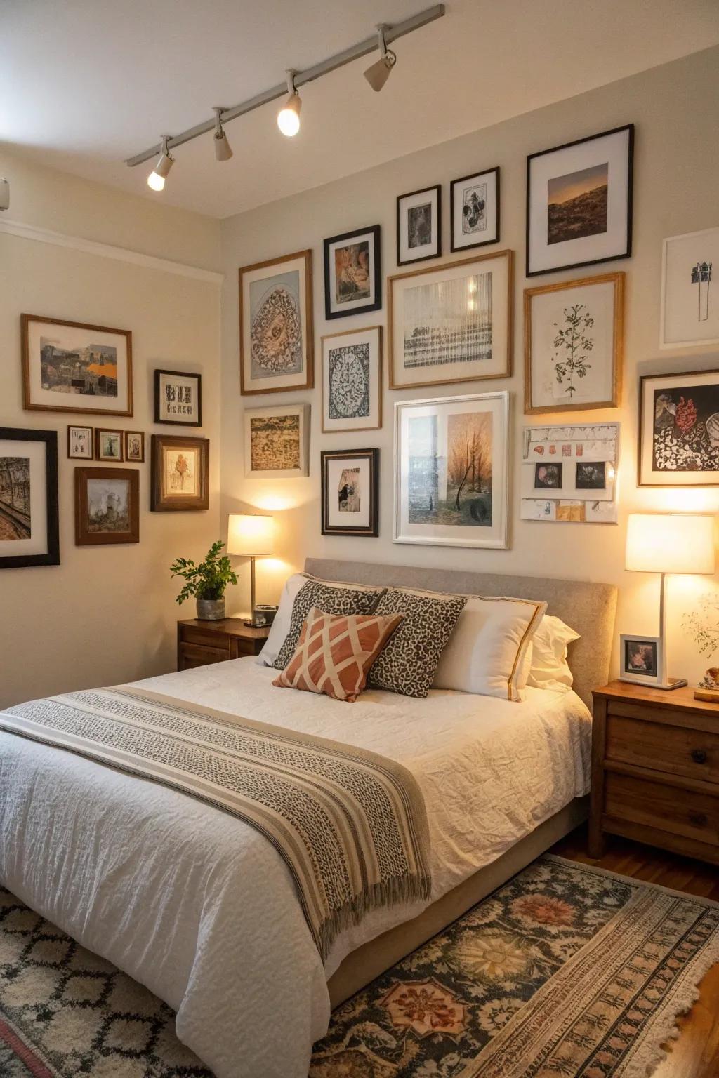 A bedroom presenting a curated display wall of art and images.