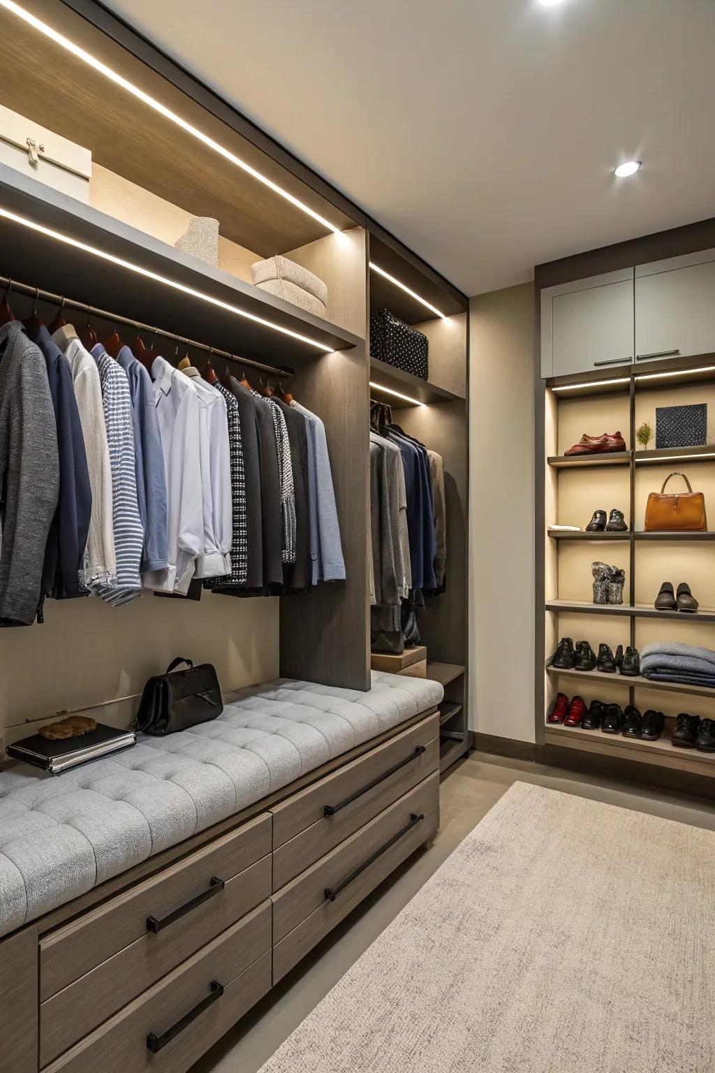 A cozy seating area that enhances the closet's functionality.