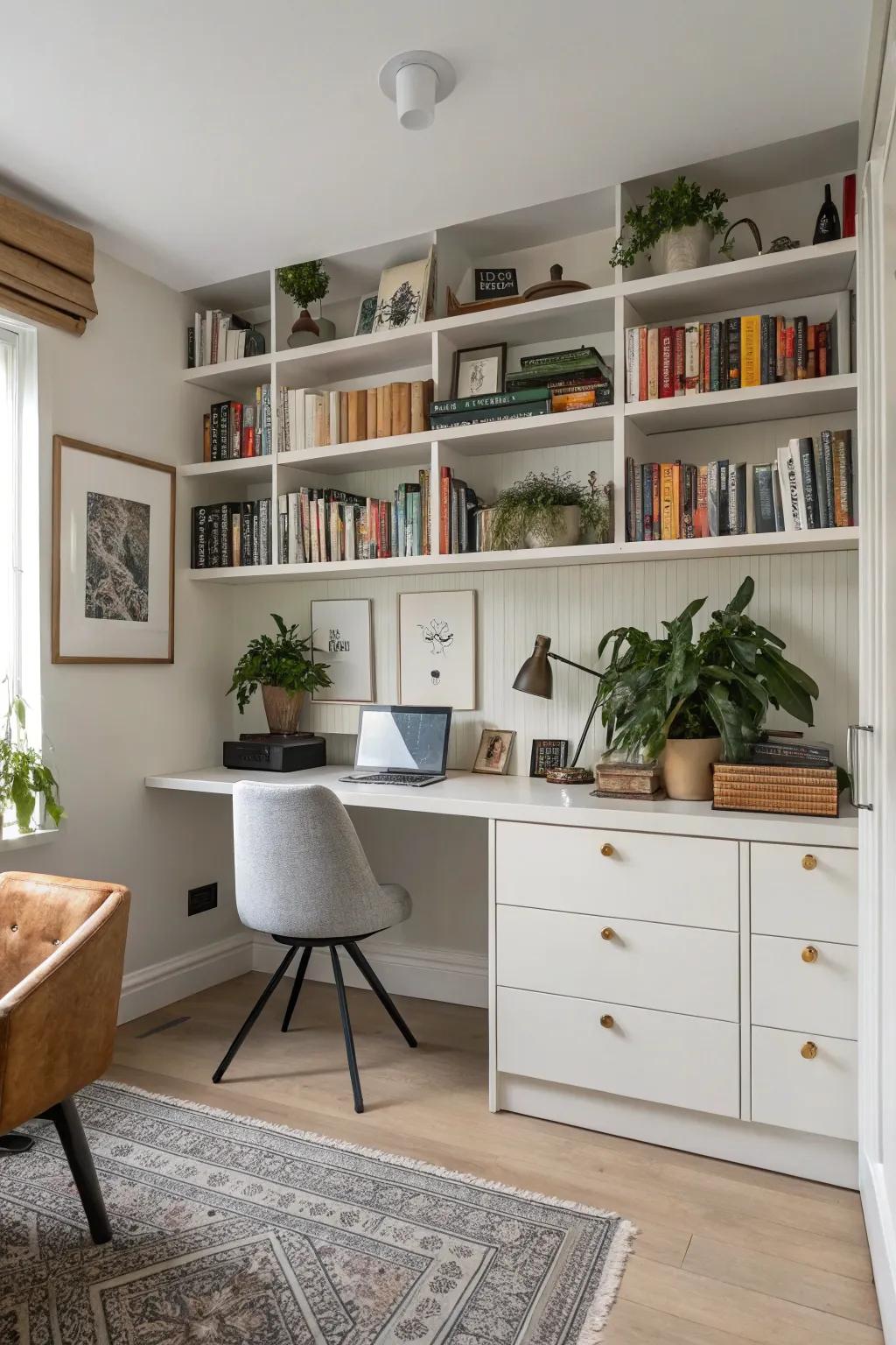 Open shelving offers both storage and a chance to display personal touches.