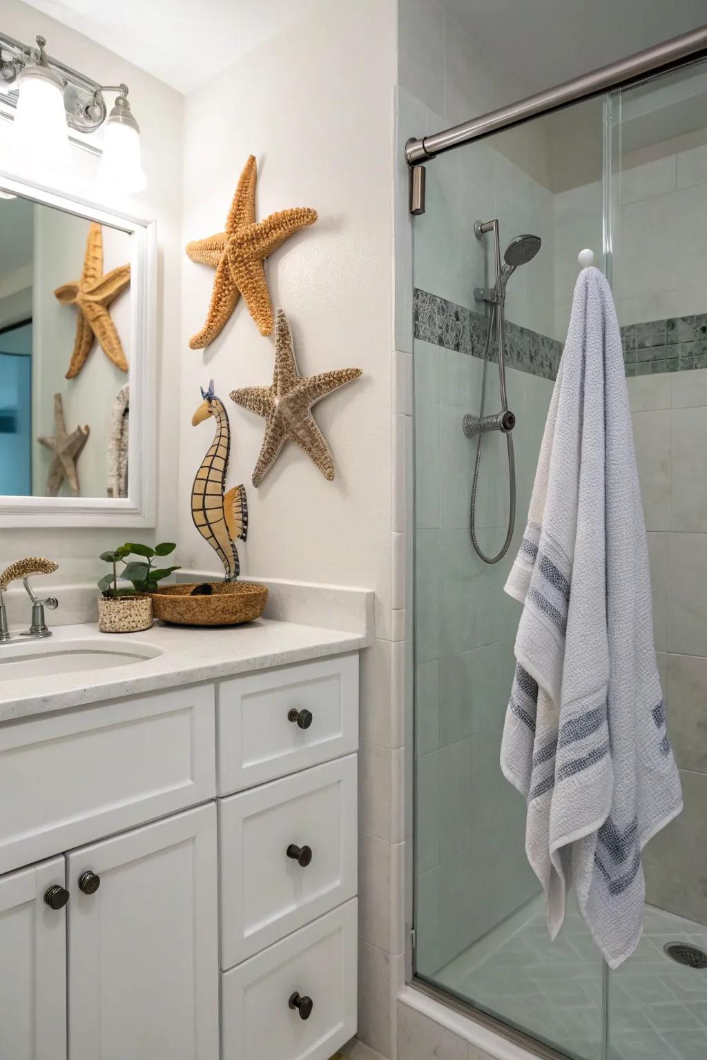 Whimsical towel hangers contribute a playful element to the décor.