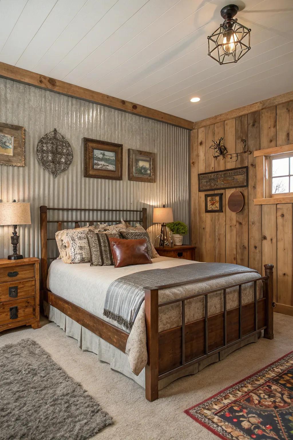 Fashion a warm and homespun bedroom through metallic wall paneling.
