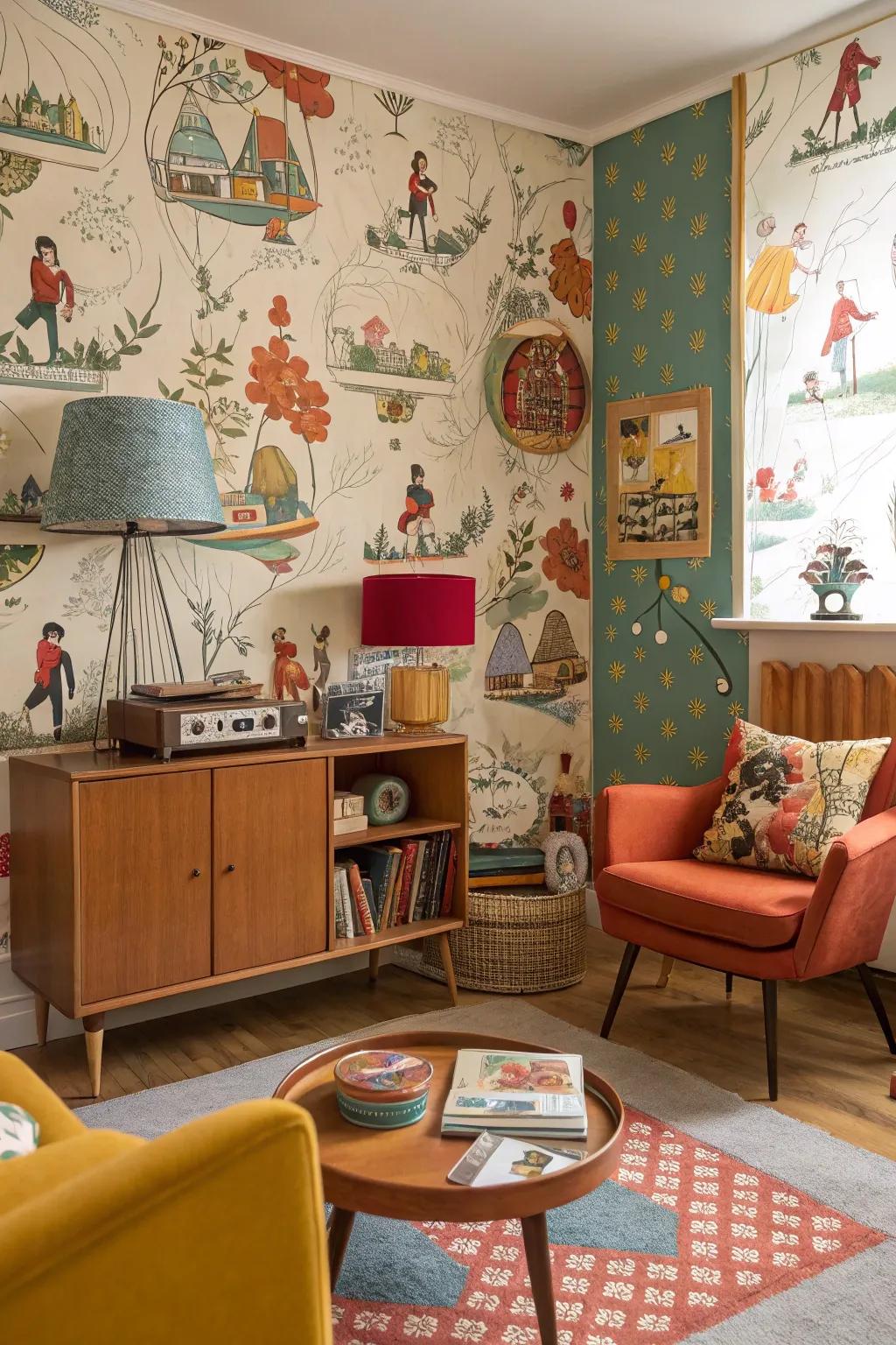 Creative room with retro illustrative mid-century wallpaper.