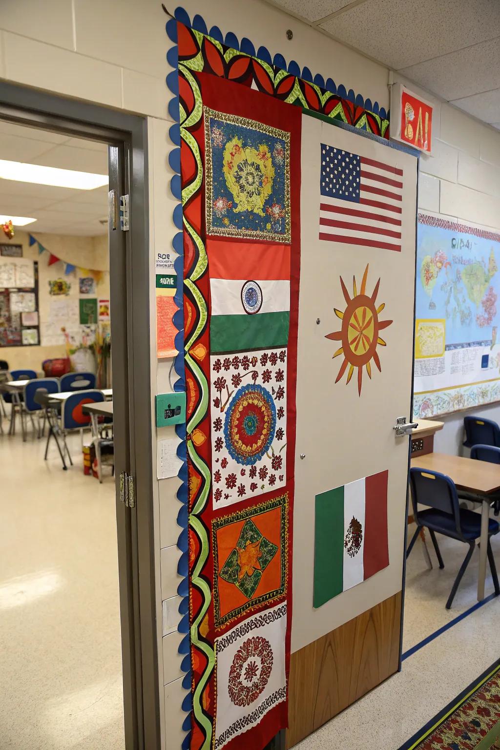 A classroom door celebrating cultural diversity with global elements.