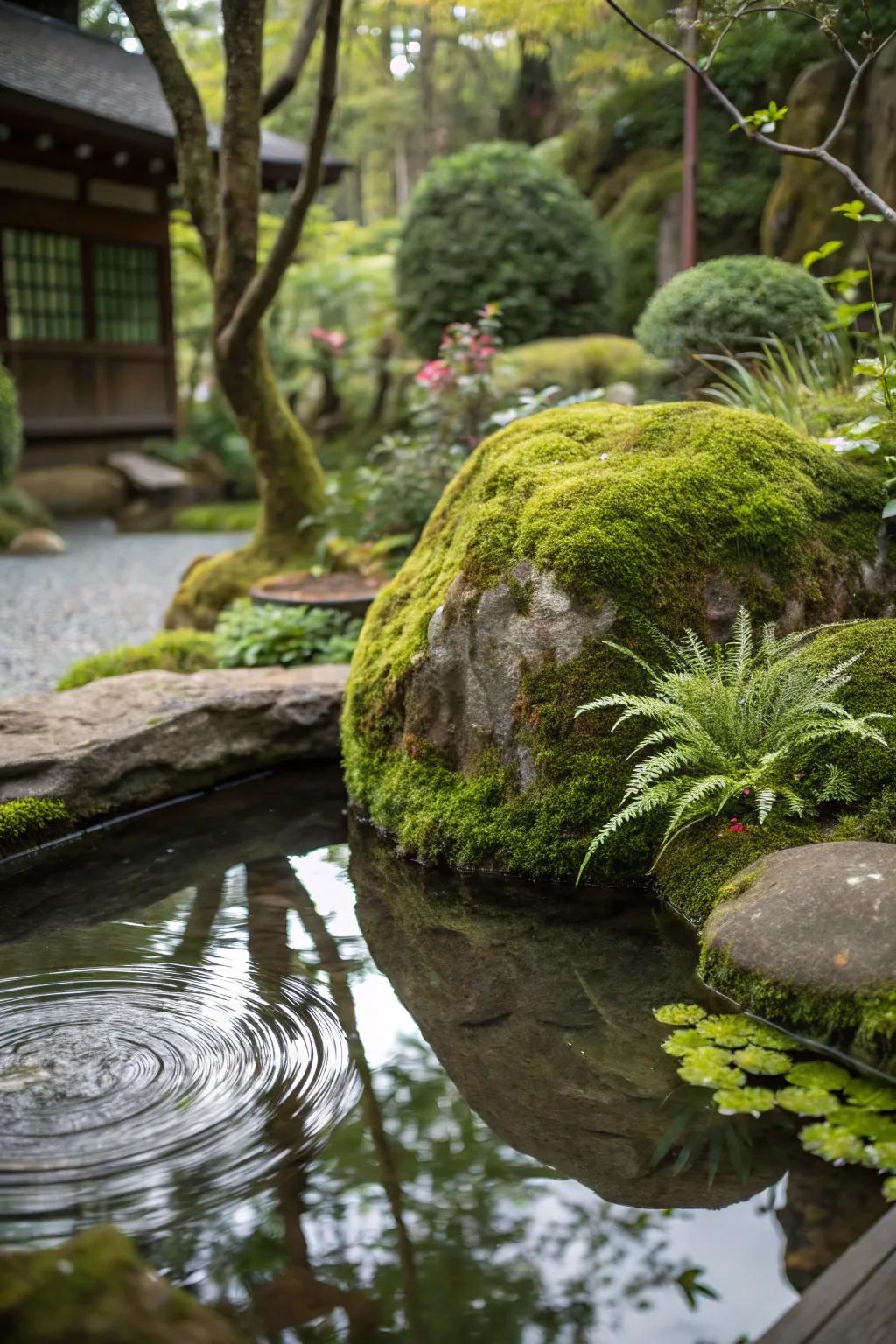 Moss-covered rocks give a small pond a timeless feel.