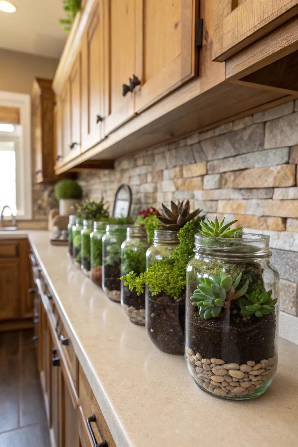 Canning jars filled with desert gems add farmhouse charm.
