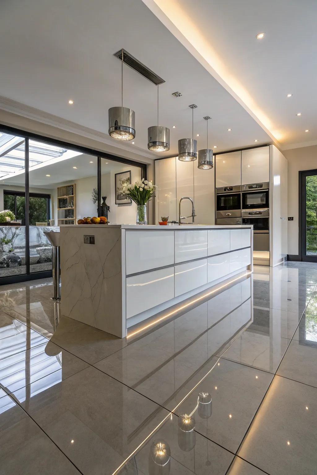 A mirrored kitchen island reflecting the area and adding a modern touch.