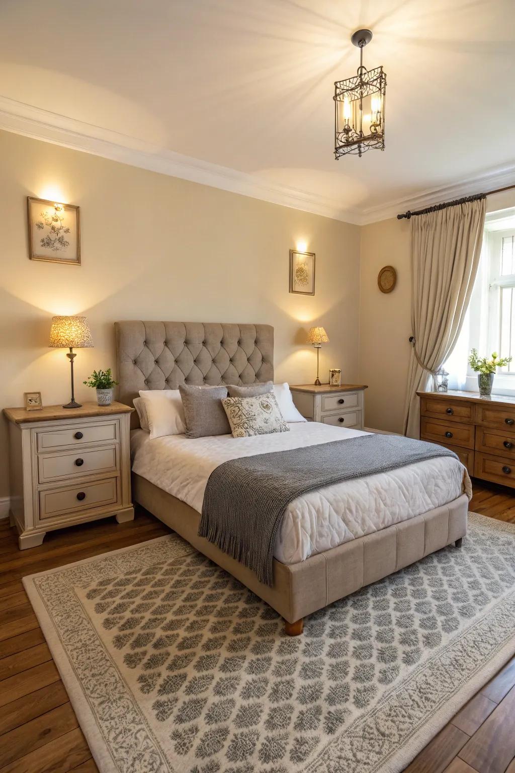 Manipulating scale enlivens the overall bedroom layout.