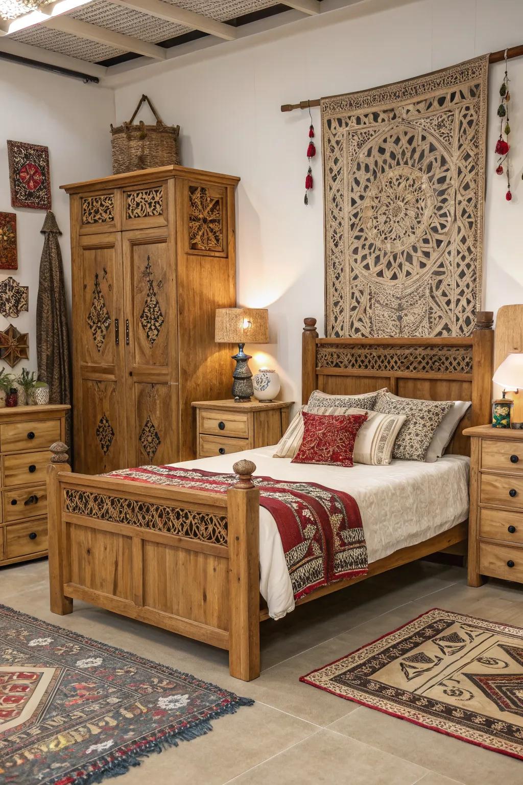 Cultural influences enrich the bedroom's design.