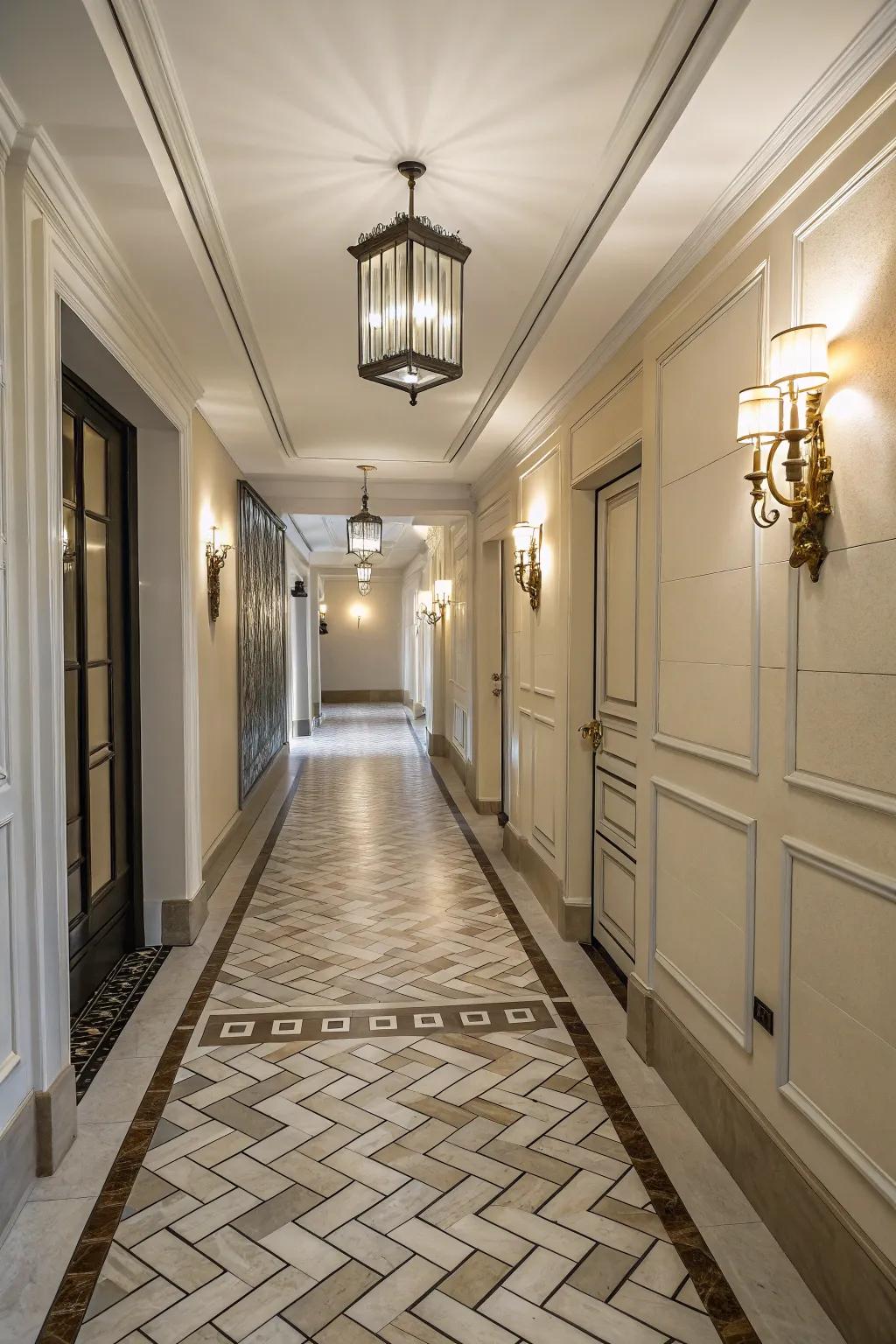 Herringbone patterns add dynamic movement to a hallway.