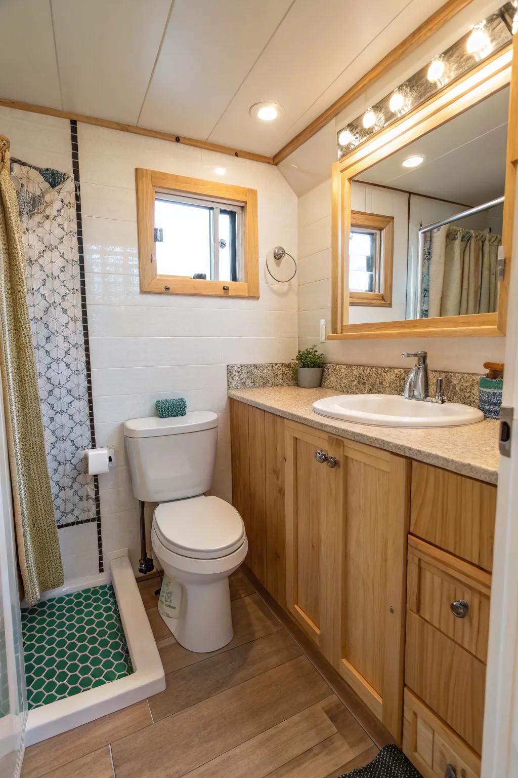 Ecologically sound fixtures and materials enhance this bathroom’s design.