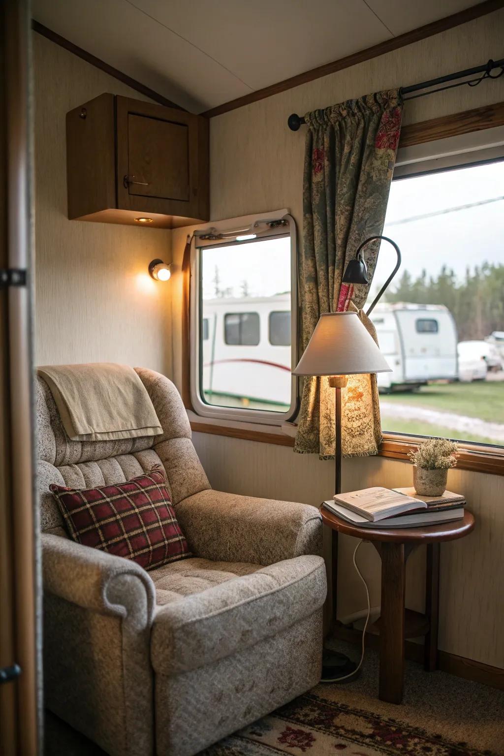A cozy nook tenders an ideal location for relaxation and perusing.