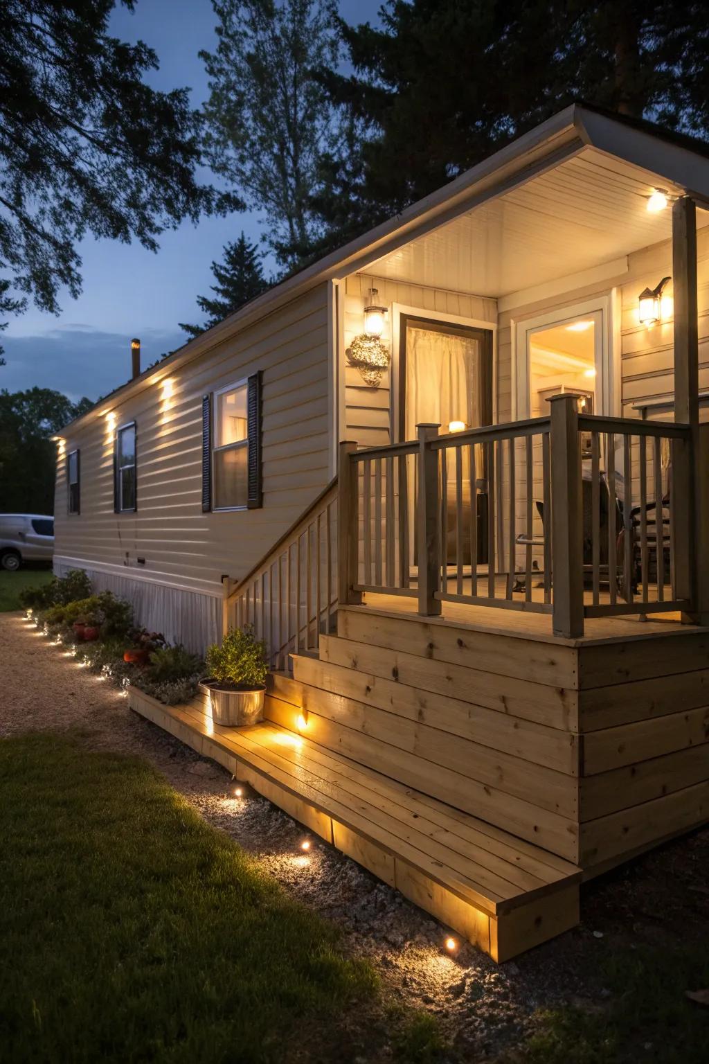 Built-in lighting adds a touch of magic to the mobile home.