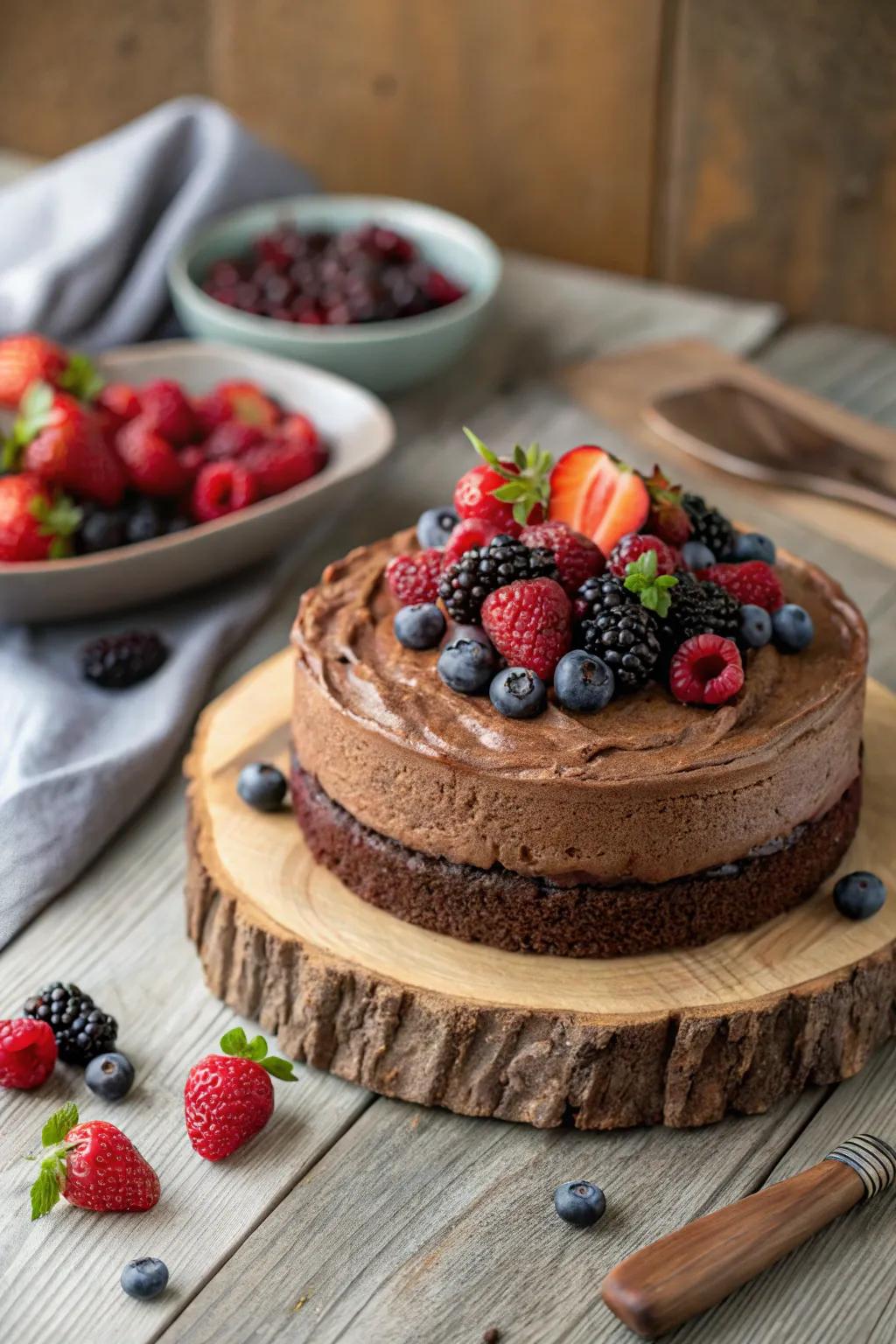 Seasonal fruits add color and flavor to a mocha cake.