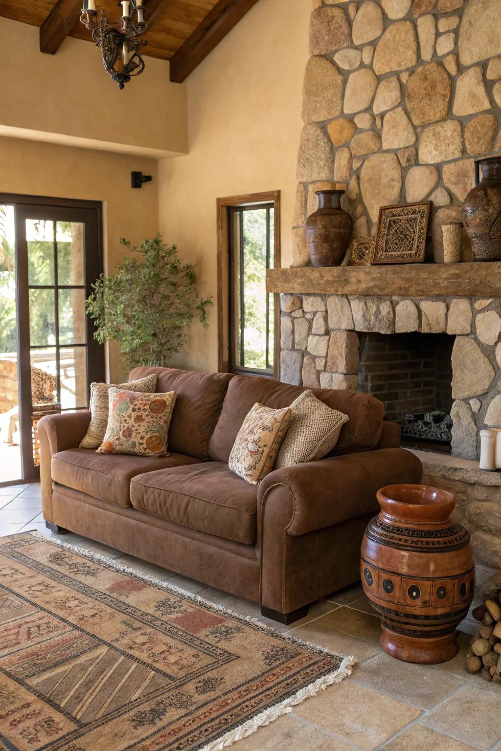 Terrestrial facets enhance the natural vibe around the chocolate sofa.