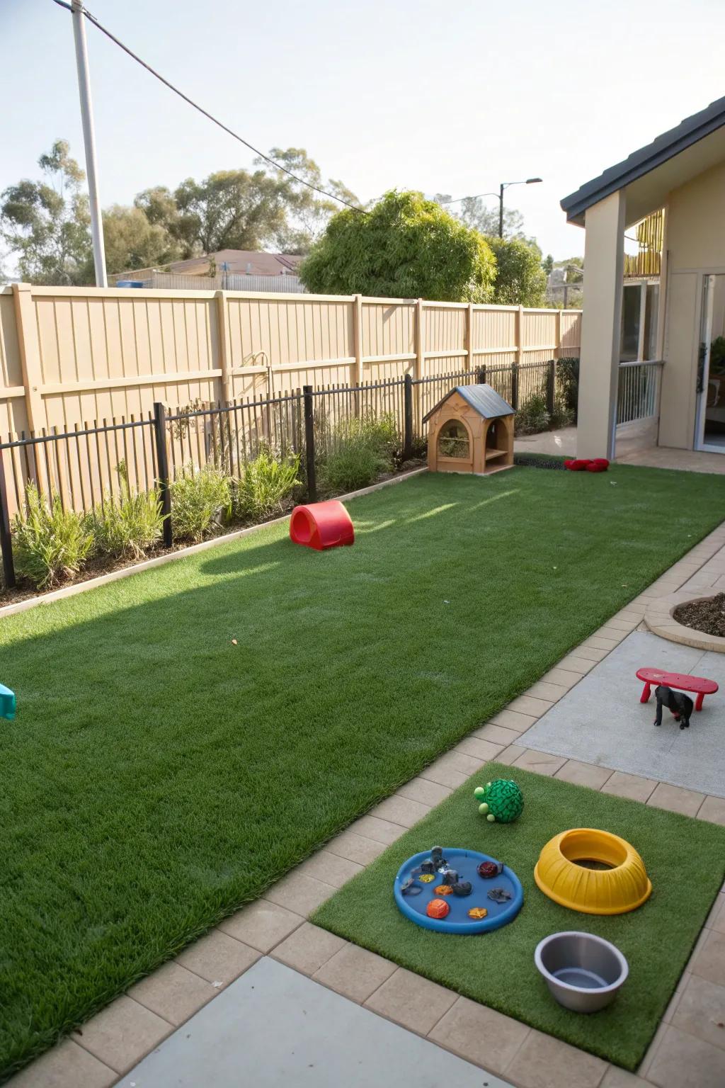 A pet-safe zone within the artificial turf area for furry friends.