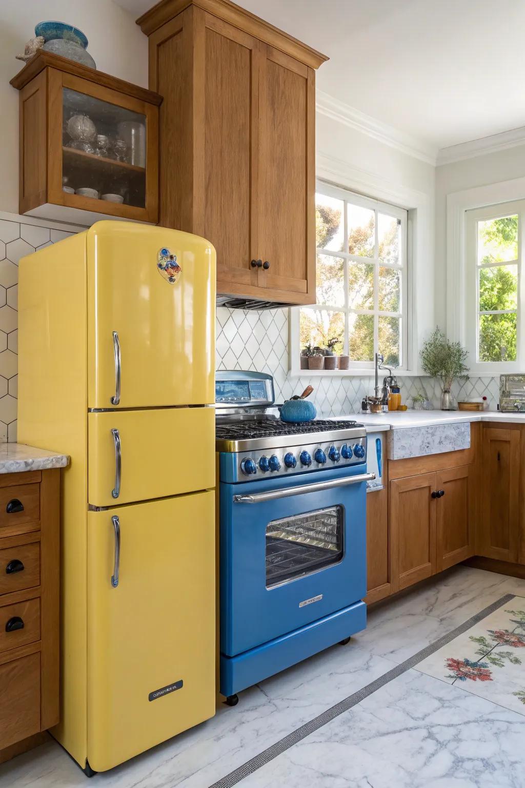 Multihued appliances infuse a unified and energetic vibe to the kitchen.