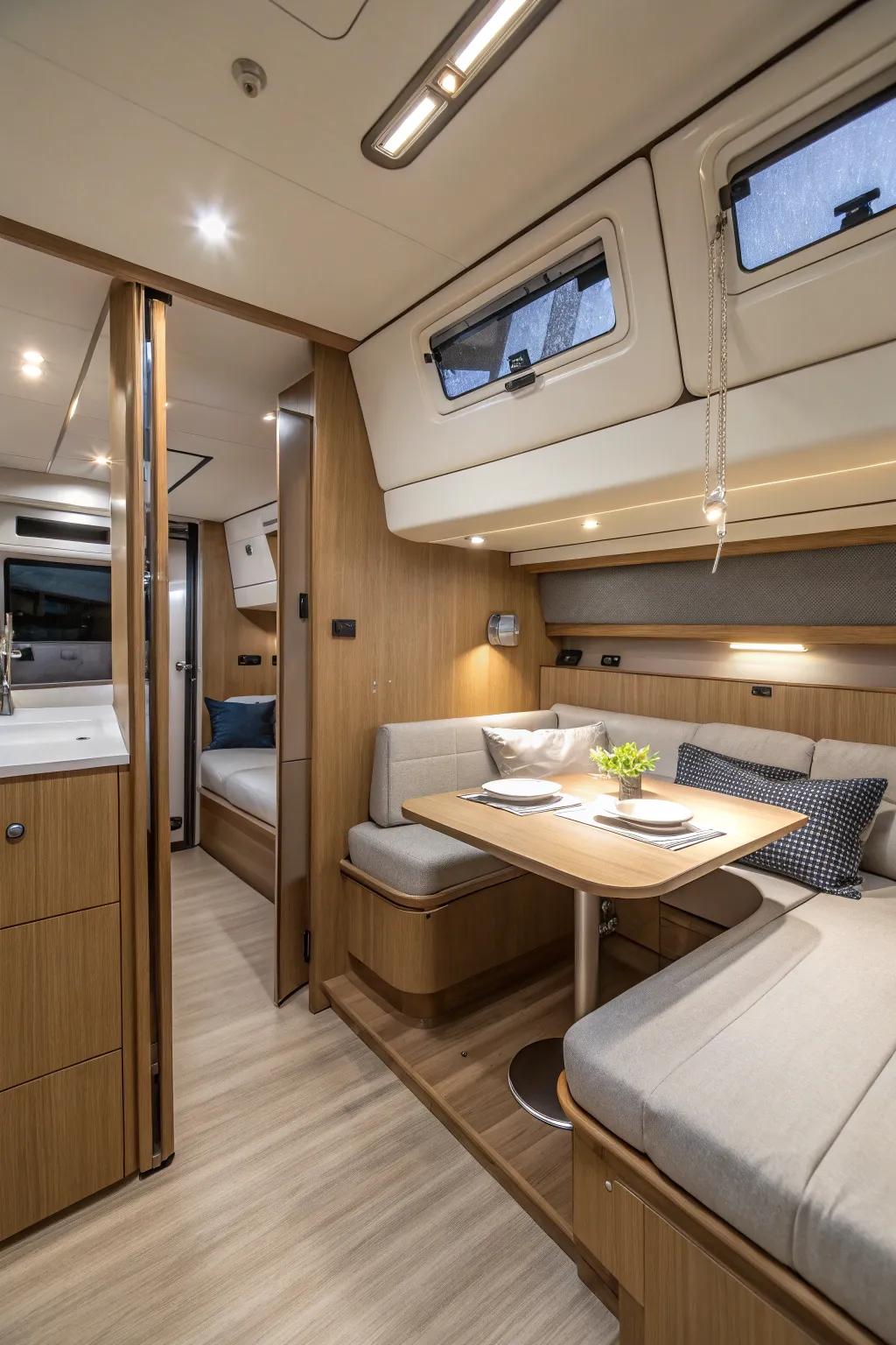 Fold-out furniture maximizes space and utility in cabins.