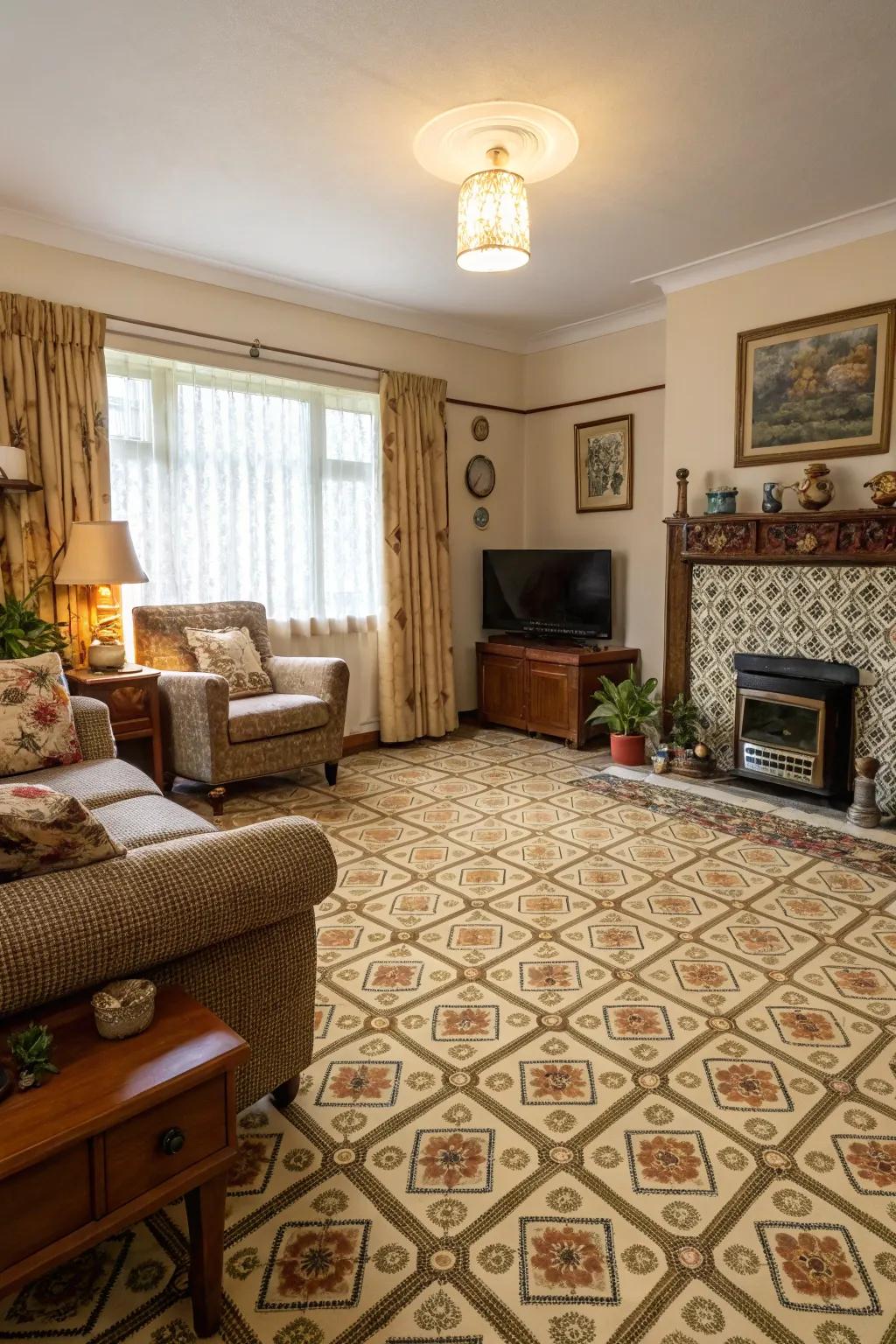 A sitting room with a retro patterned carpet for a hint of vintage charm.