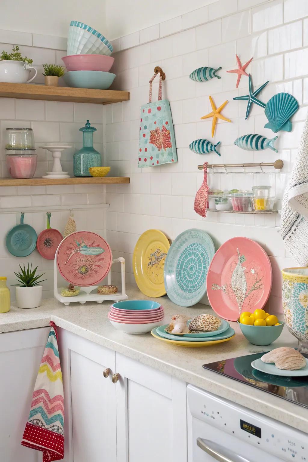 Vibrant accents add a fun touch to this coastal kitchen.