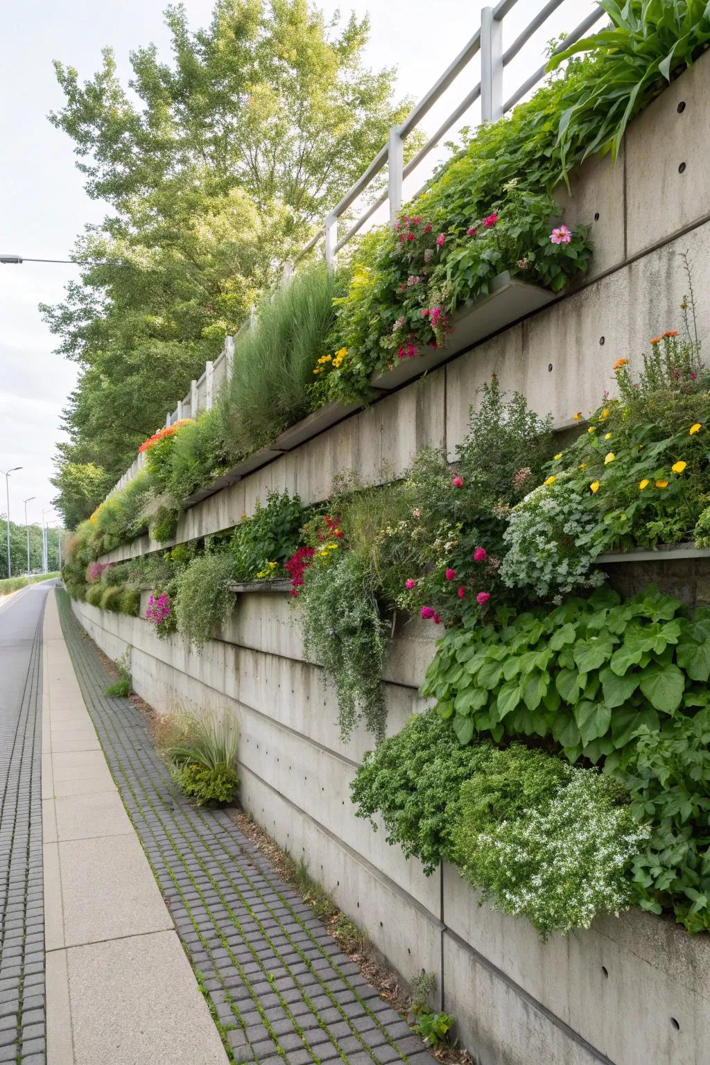 Vertical landscape enriching a reinforced wall.