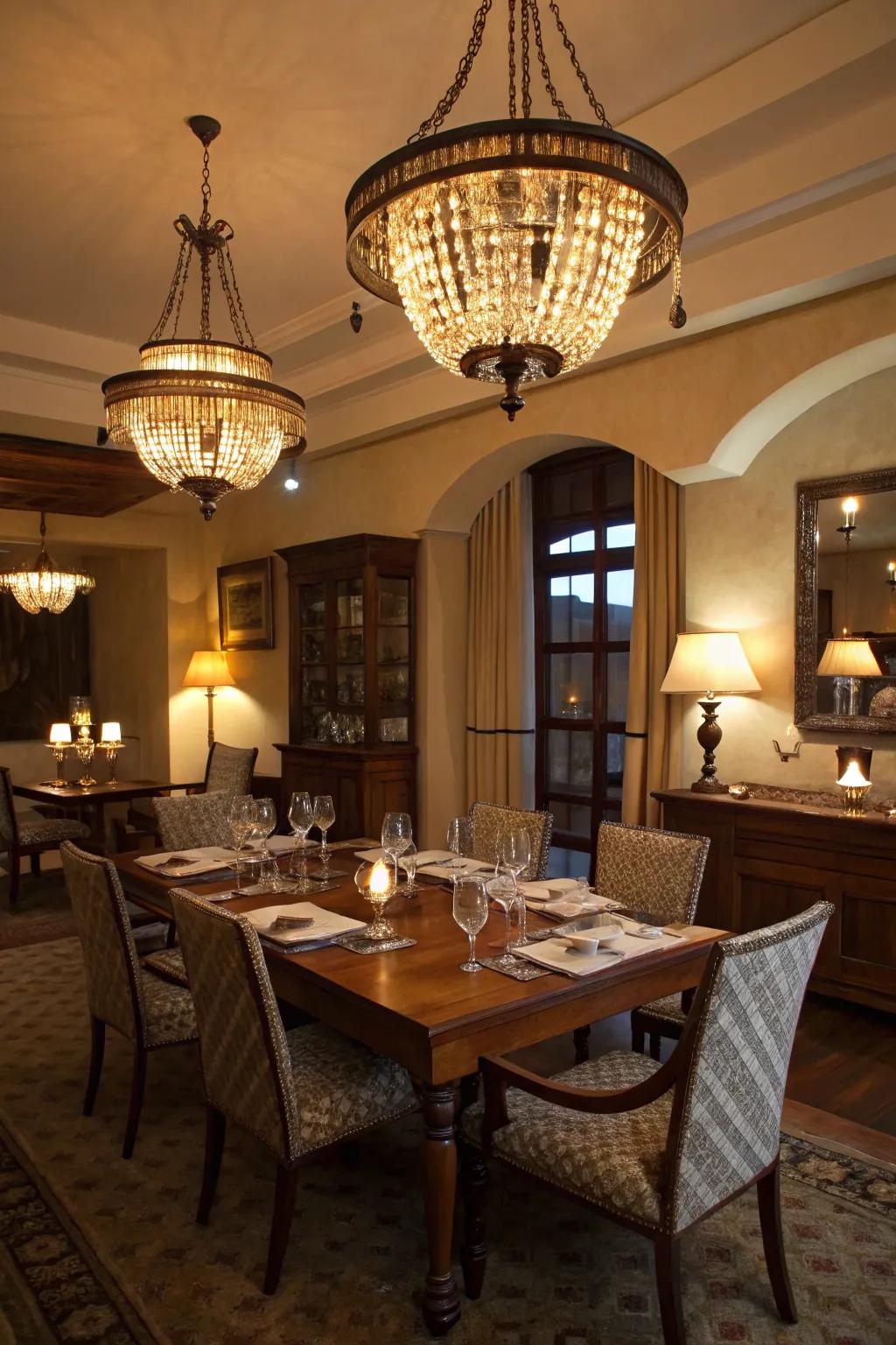 Layered lighting infuses depth and warmth into a dining room.