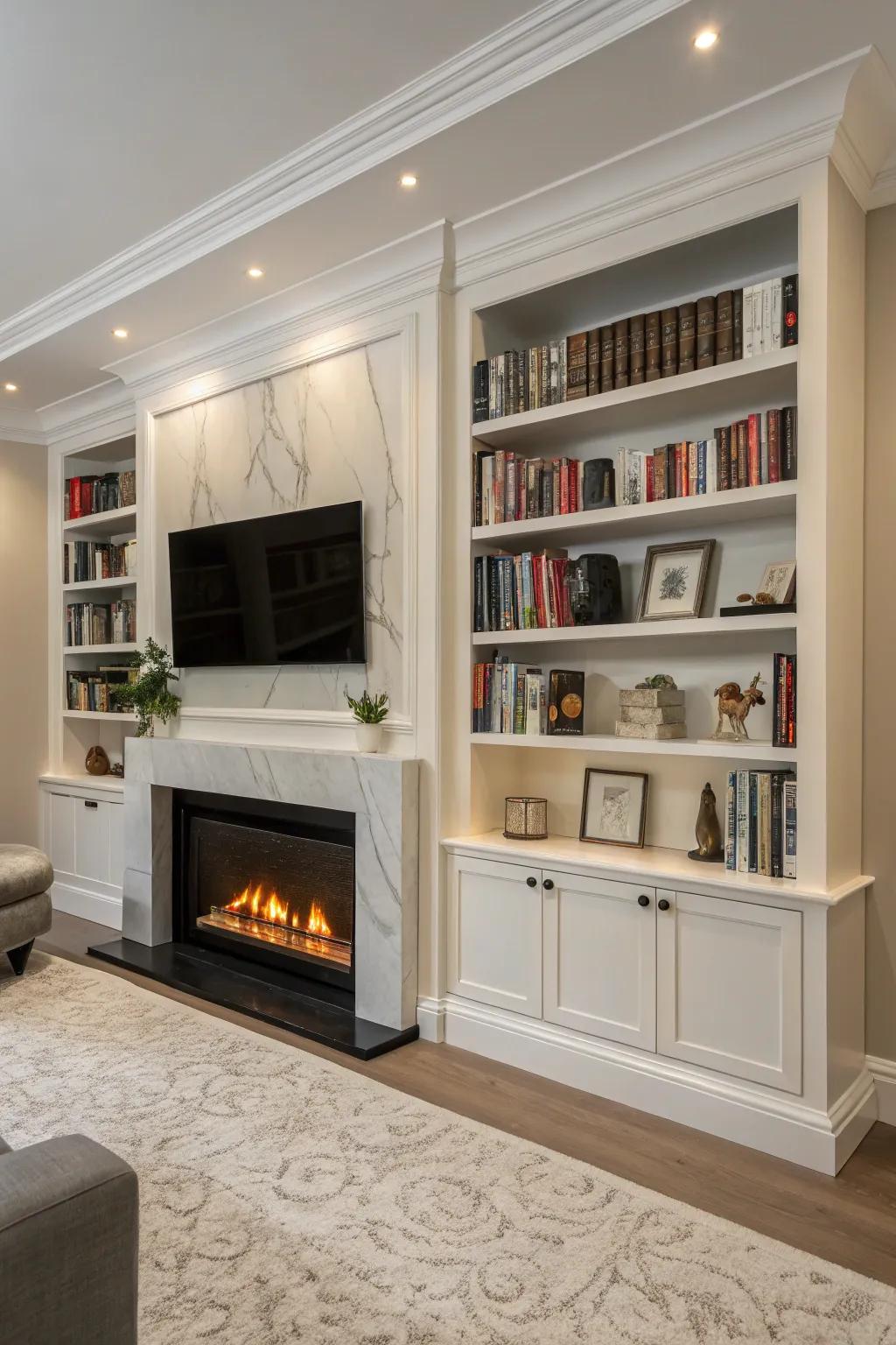 A modern living room where an electric fireplace is seamlessly integrated with bookshelves.