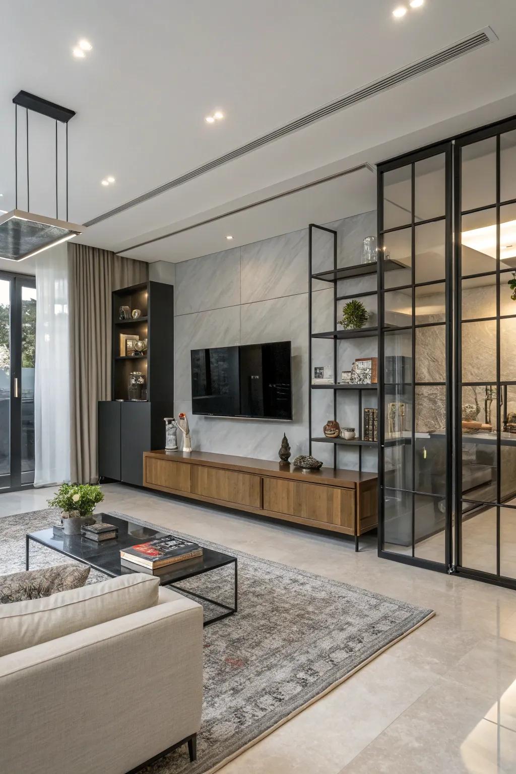 Uncommon material choices that elevate the design of a modern family room.