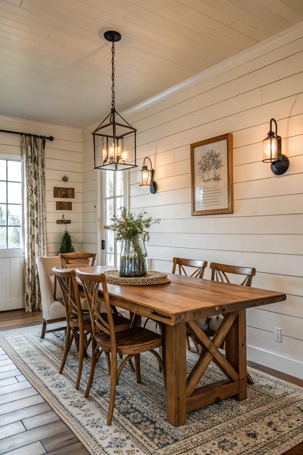 A statement wall adds texture and depth to the space.