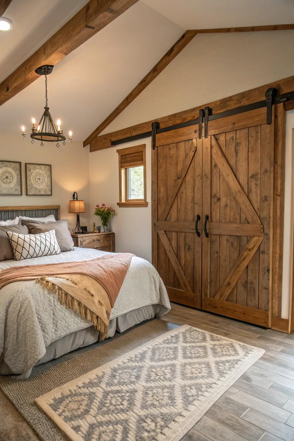 Barn doors append country charm and practicality to this modern farmhouse bedroom.
