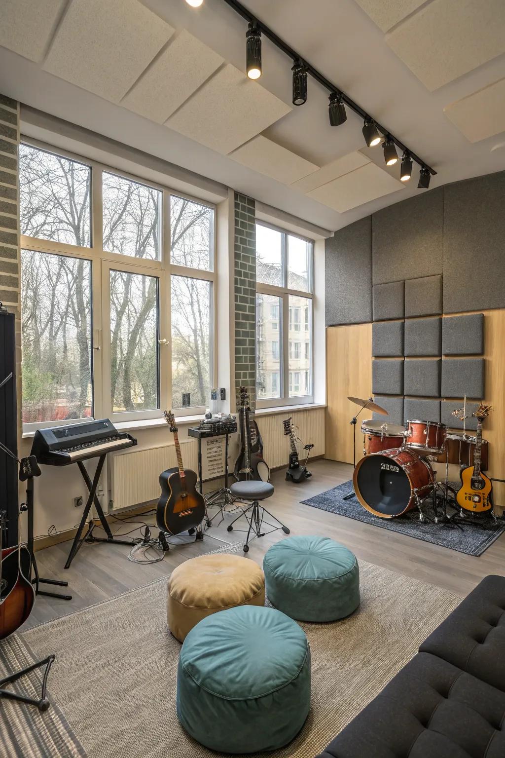 A music corner inside a versatile flex room.
