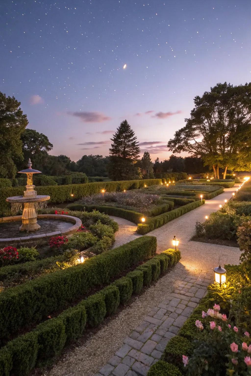 Ambient lighting transforms the garden into a magical night-time retreat.