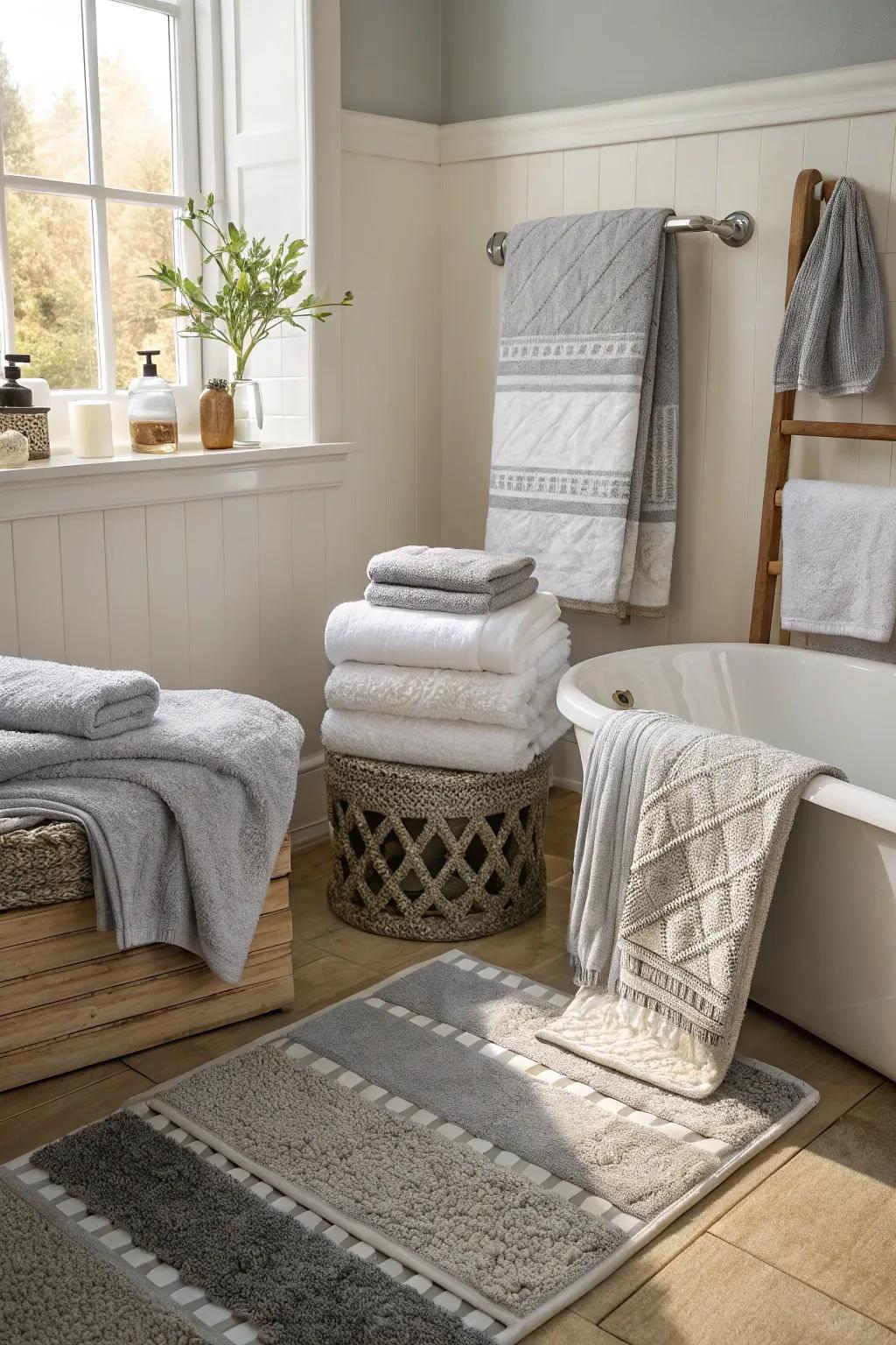 Mixing textiles brings texture and comfort to the bathroom.