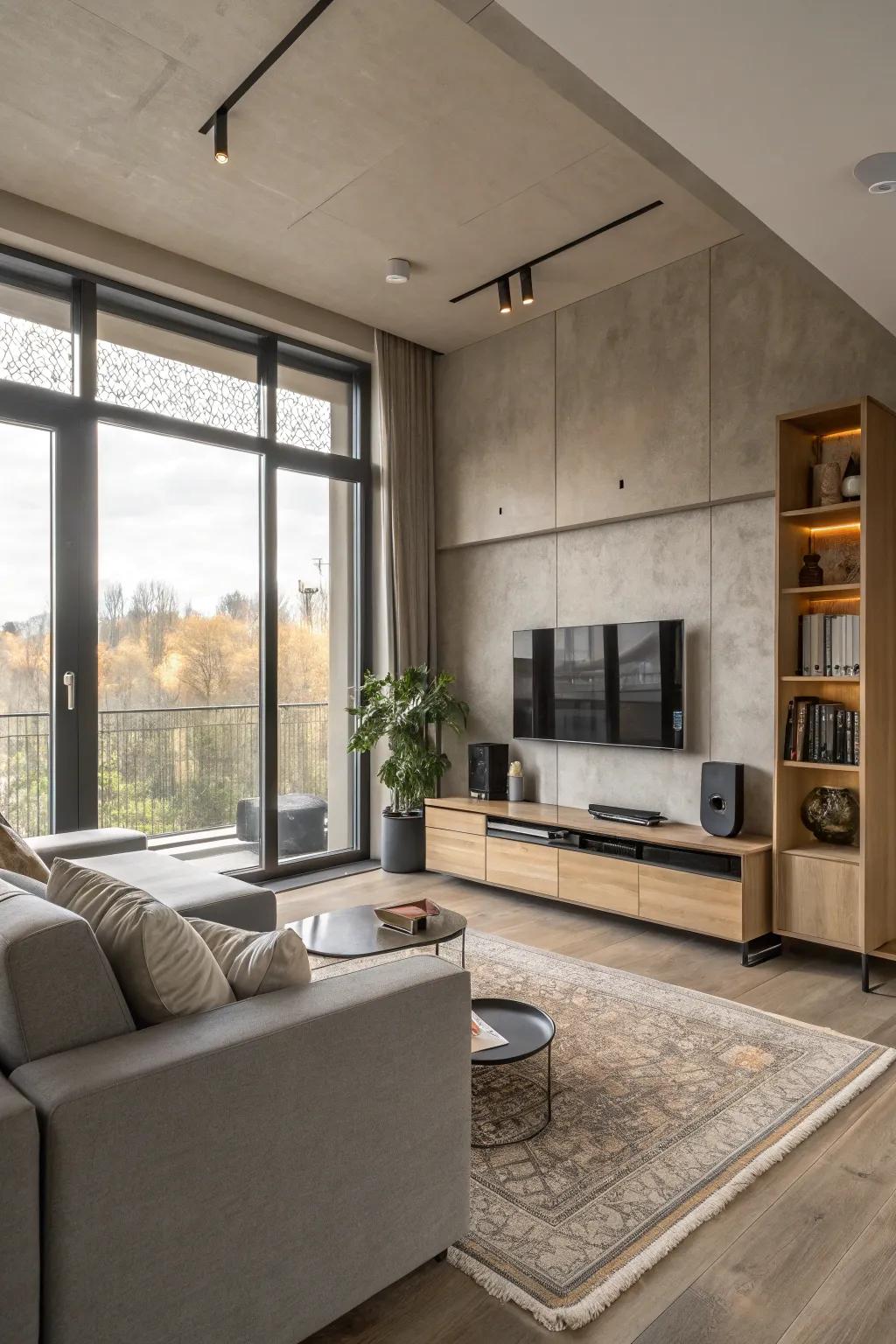 Modern technology integrates seamlessly into the living room design.