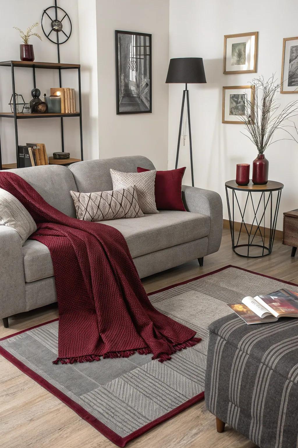 Living area featuring layered neutral and crimson fabrics and up-to-date decor.